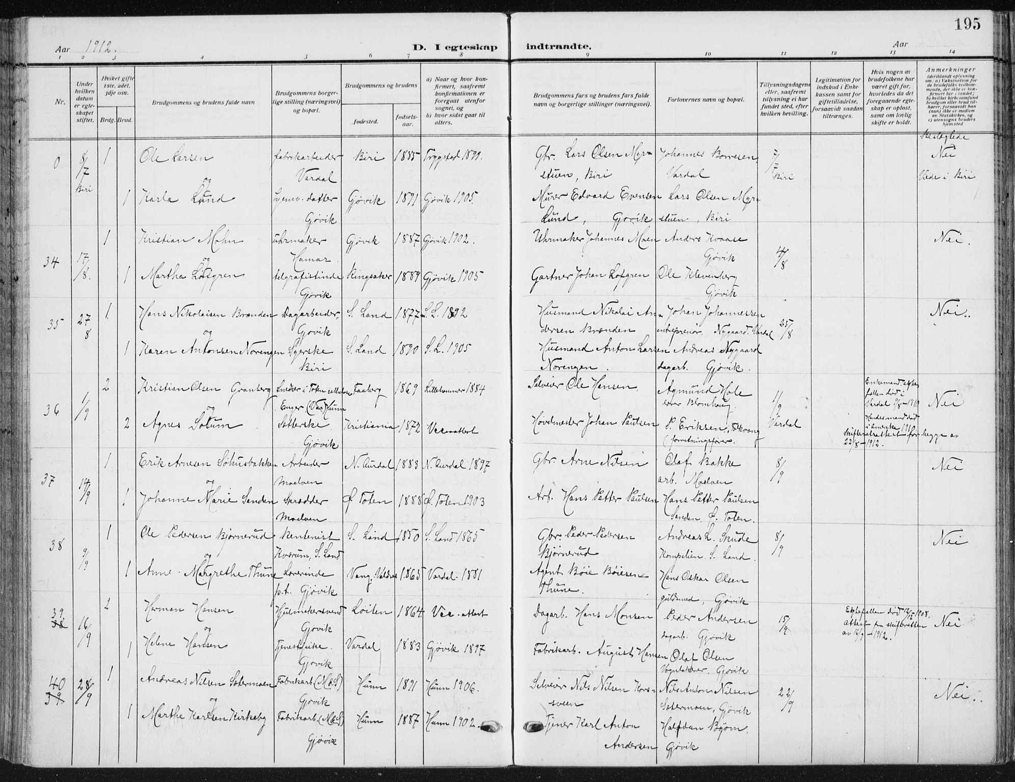 Vardal prestekontor, AV/SAH-PREST-100/H/Ha/Haa/L0014: Parish register (official) no. 14, 1912-1922, p. 195