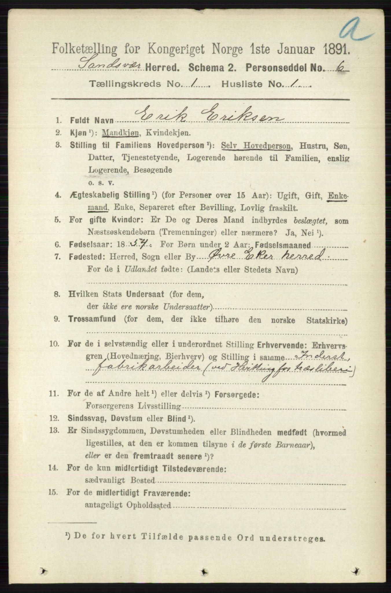 RA, 1891 census for 0629 Sandsvær, 1891, p. 122