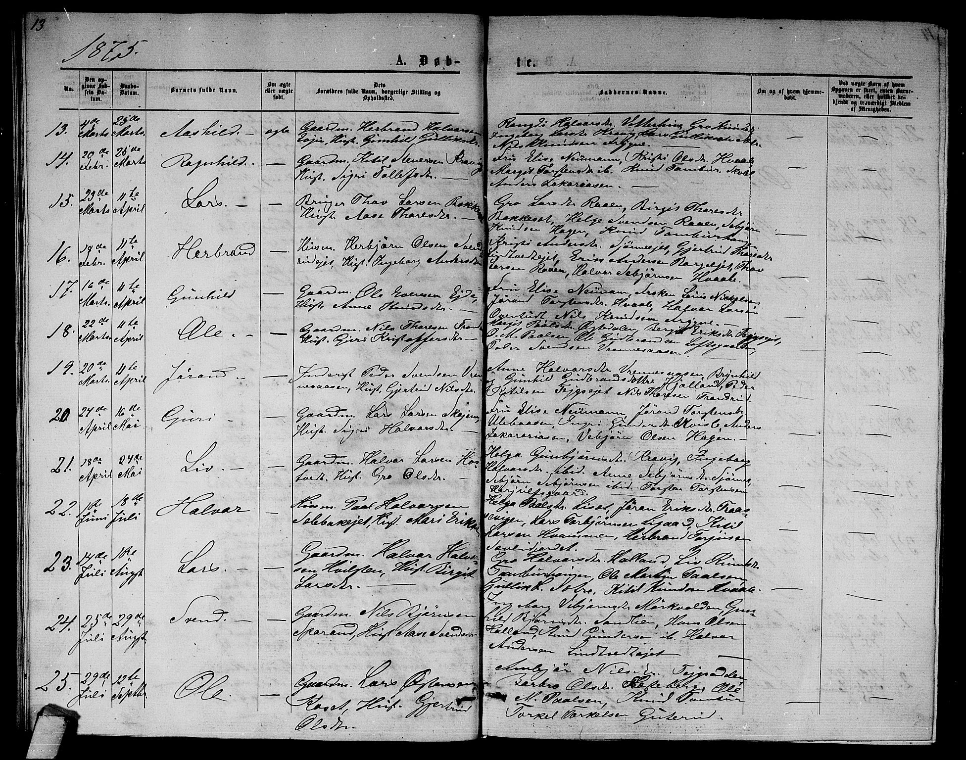 Nore kirkebøker, AV/SAKO-A-238/G/Ga/L0001: Parish register (copy) no. I 1, 1872-1877, p. 13
