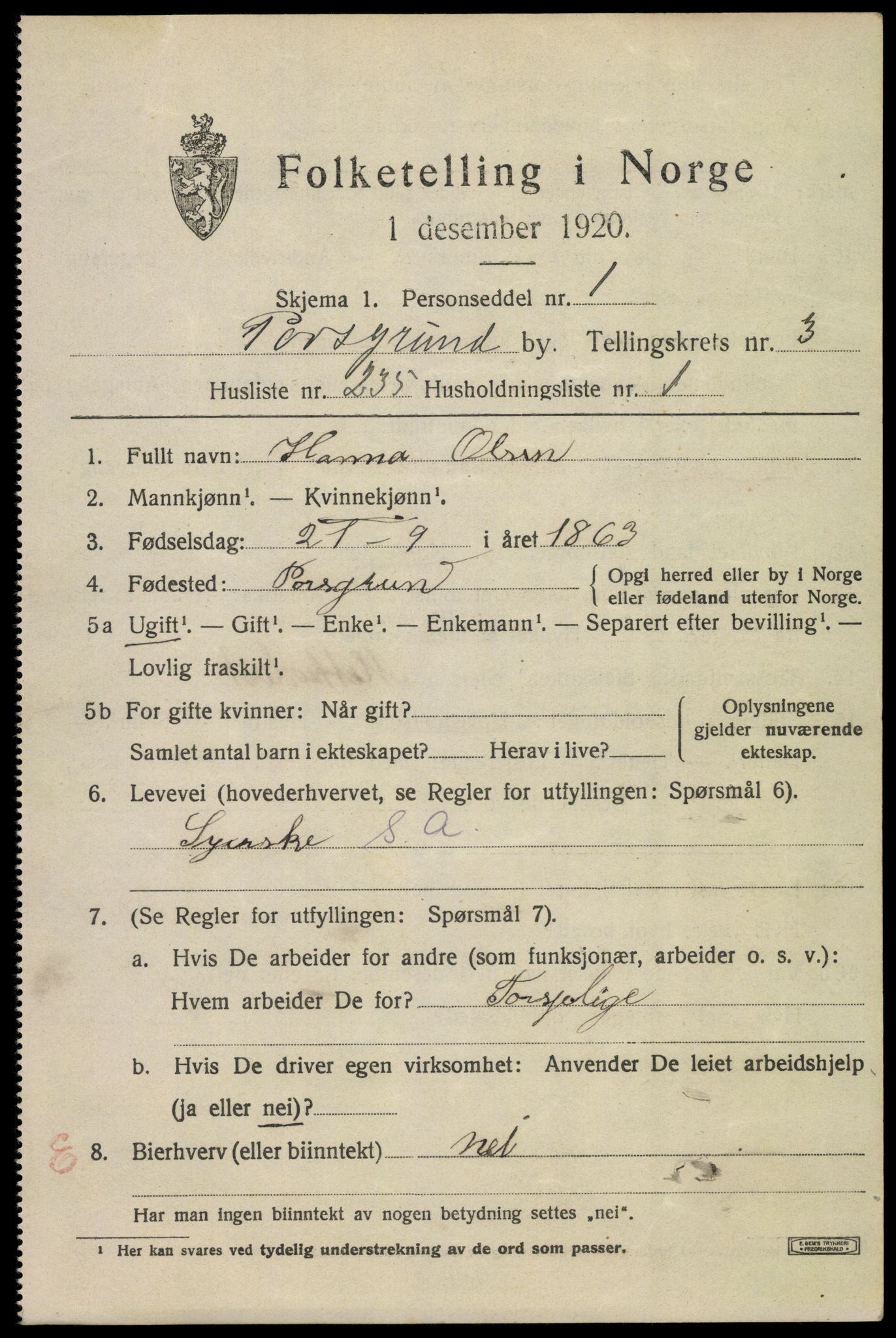 SAKO, 1920 census for Porsgrunn, 1920, p. 17403