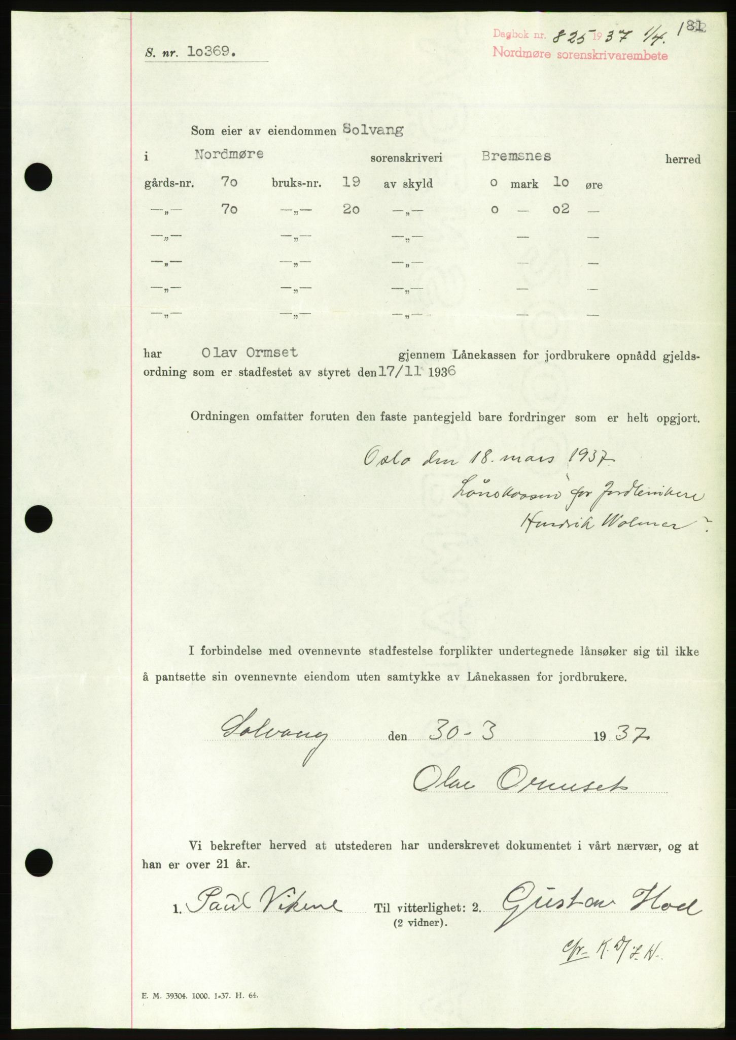 Nordmøre sorenskriveri, AV/SAT-A-4132/1/2/2Ca/L0091: Mortgage book no. B81, 1937-1937, Diary no: : 825/1937