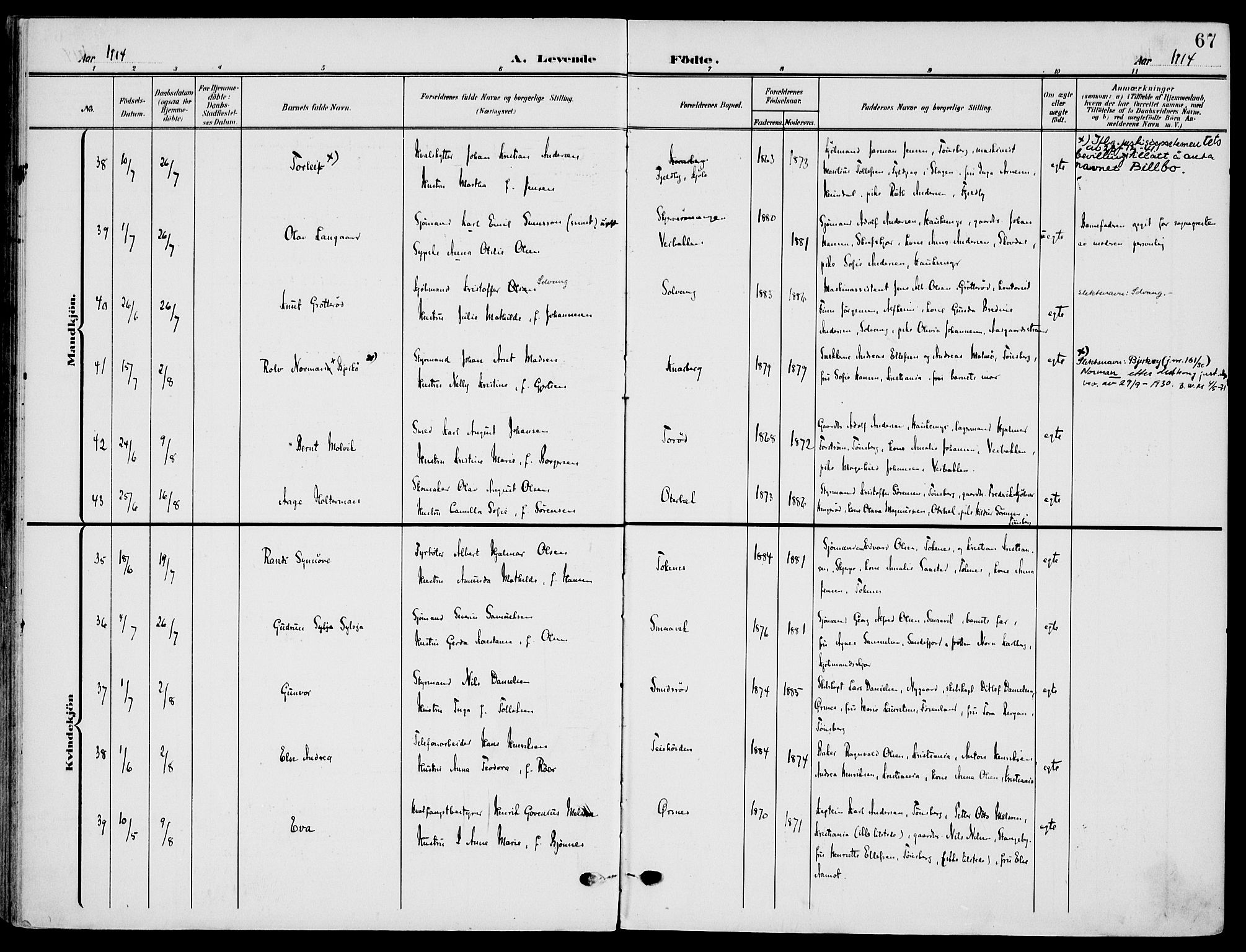 Nøtterøy kirkebøker, AV/SAKO-A-354/F/Fa/L0010: Parish register (official) no. I 10, 1908-1919, p. 67