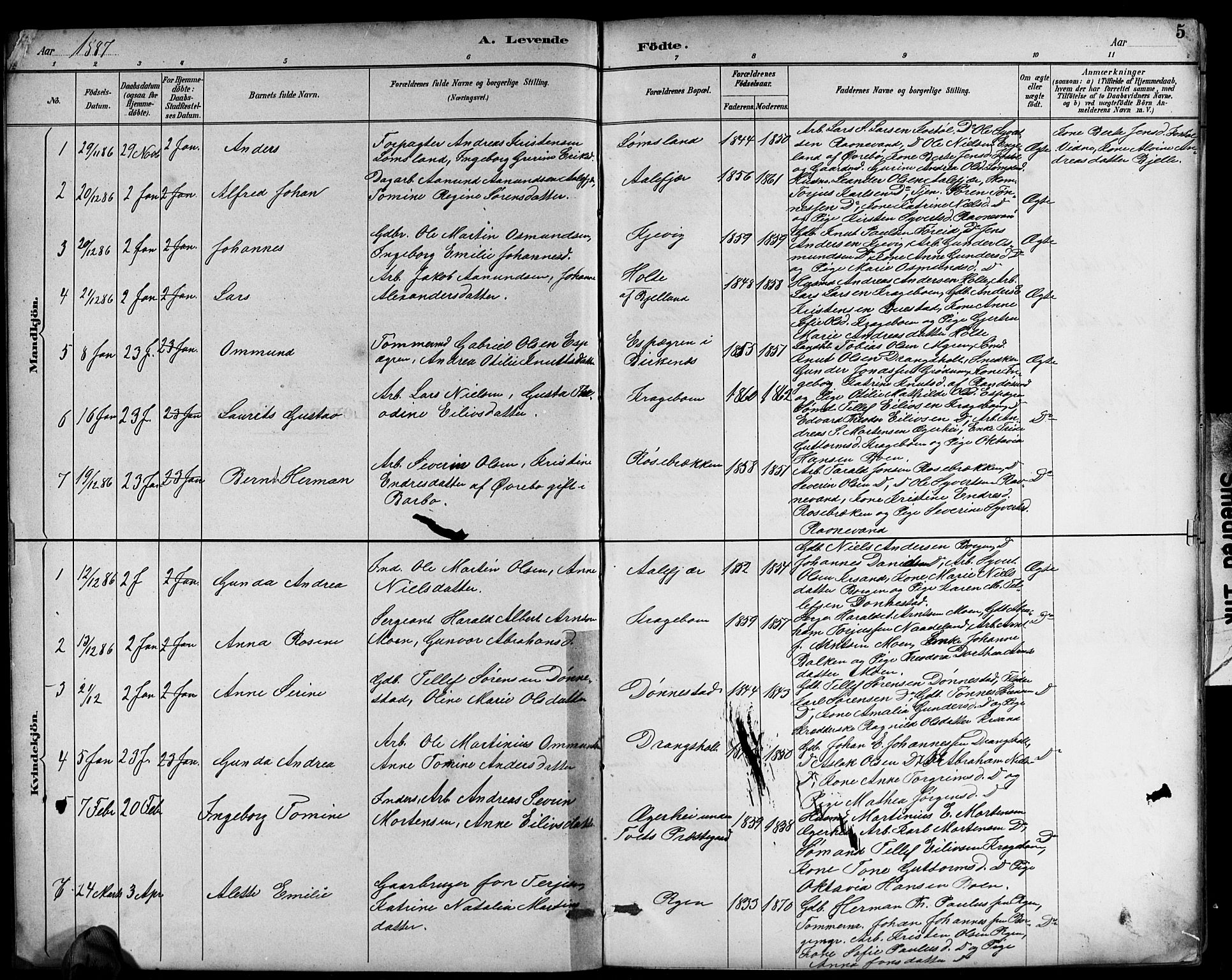 Tveit sokneprestkontor, SAK/1111-0043/F/Fb/L0004: Parish register (copy) no. B 4, 1887-1914, p. 5