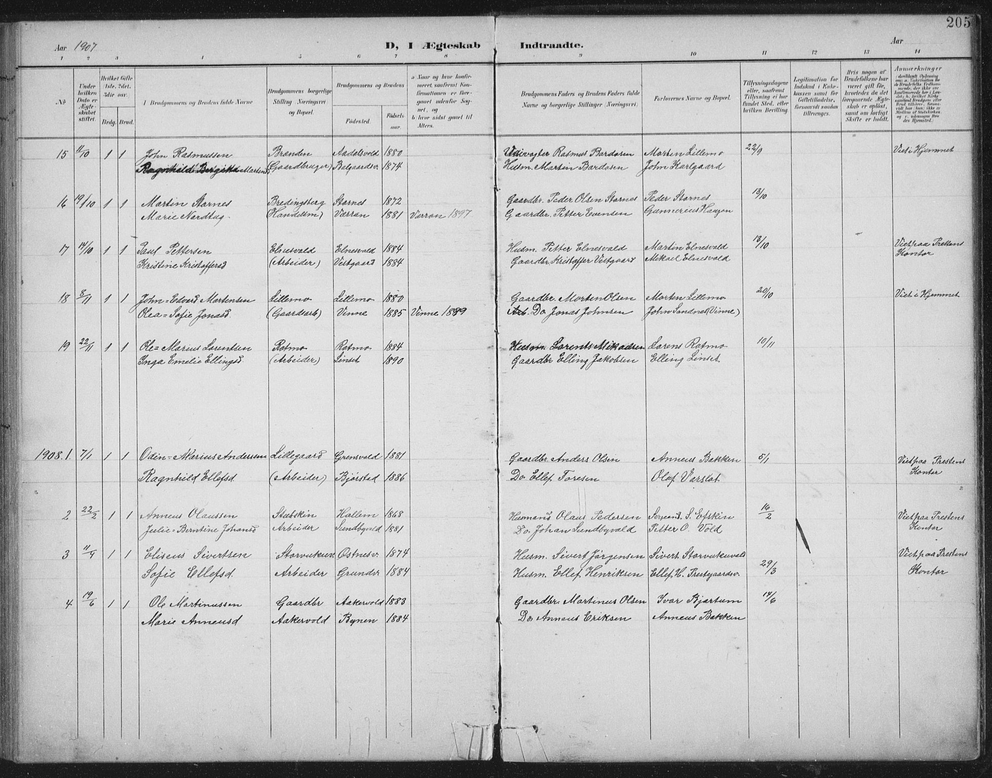 Ministerialprotokoller, klokkerbøker og fødselsregistre - Nord-Trøndelag, AV/SAT-A-1458/724/L0269: Parish register (copy) no. 724C05, 1899-1920, p. 205