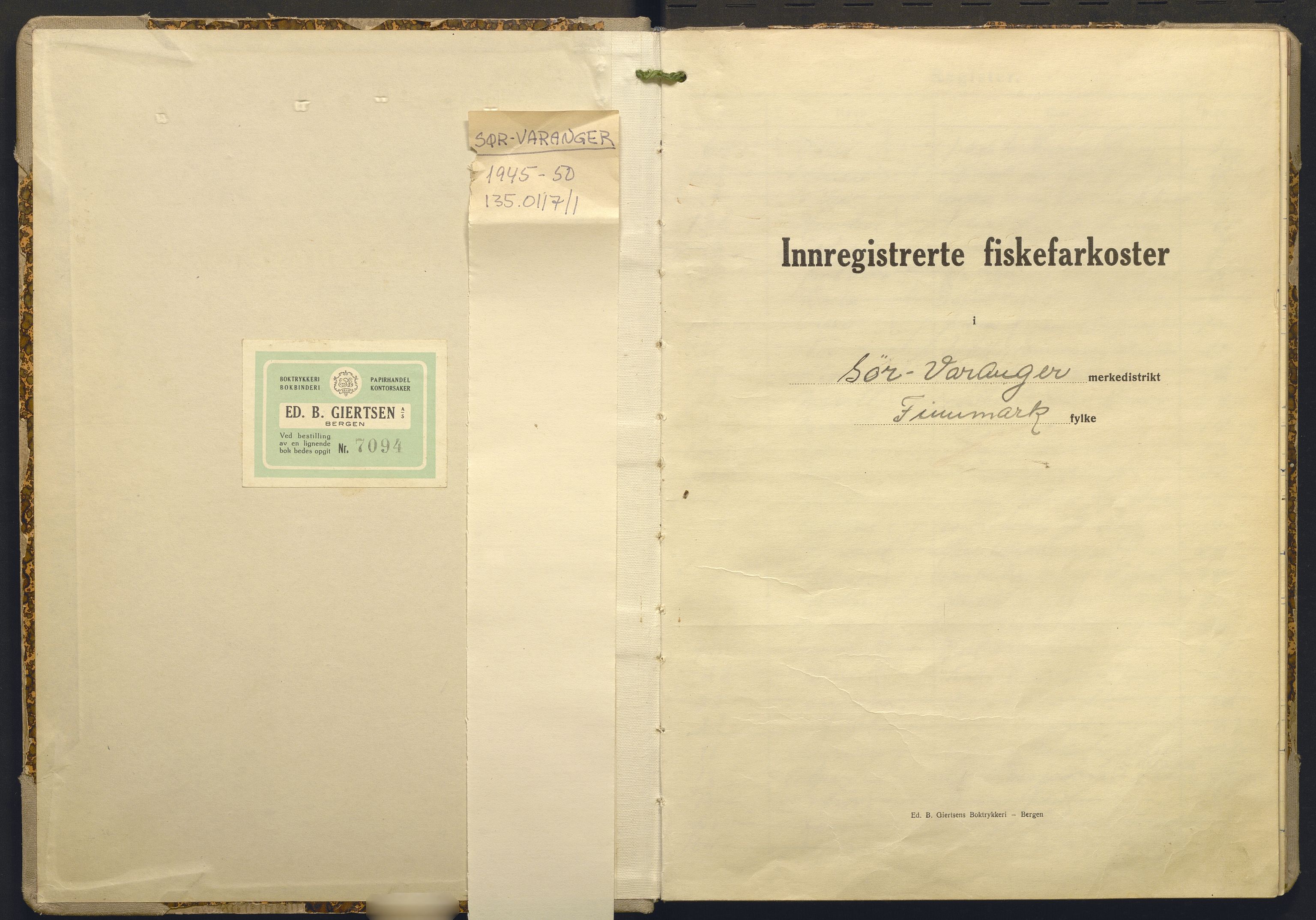 Fiskeridirektoratet - 1 Adm. ledelse - 13 Båtkontoret, AV/SAB-A-2003/I/Ia/Ia.a/L0050: 135.0117/1 Merkeprotokoll - Sør-Varanger, 1945-1950