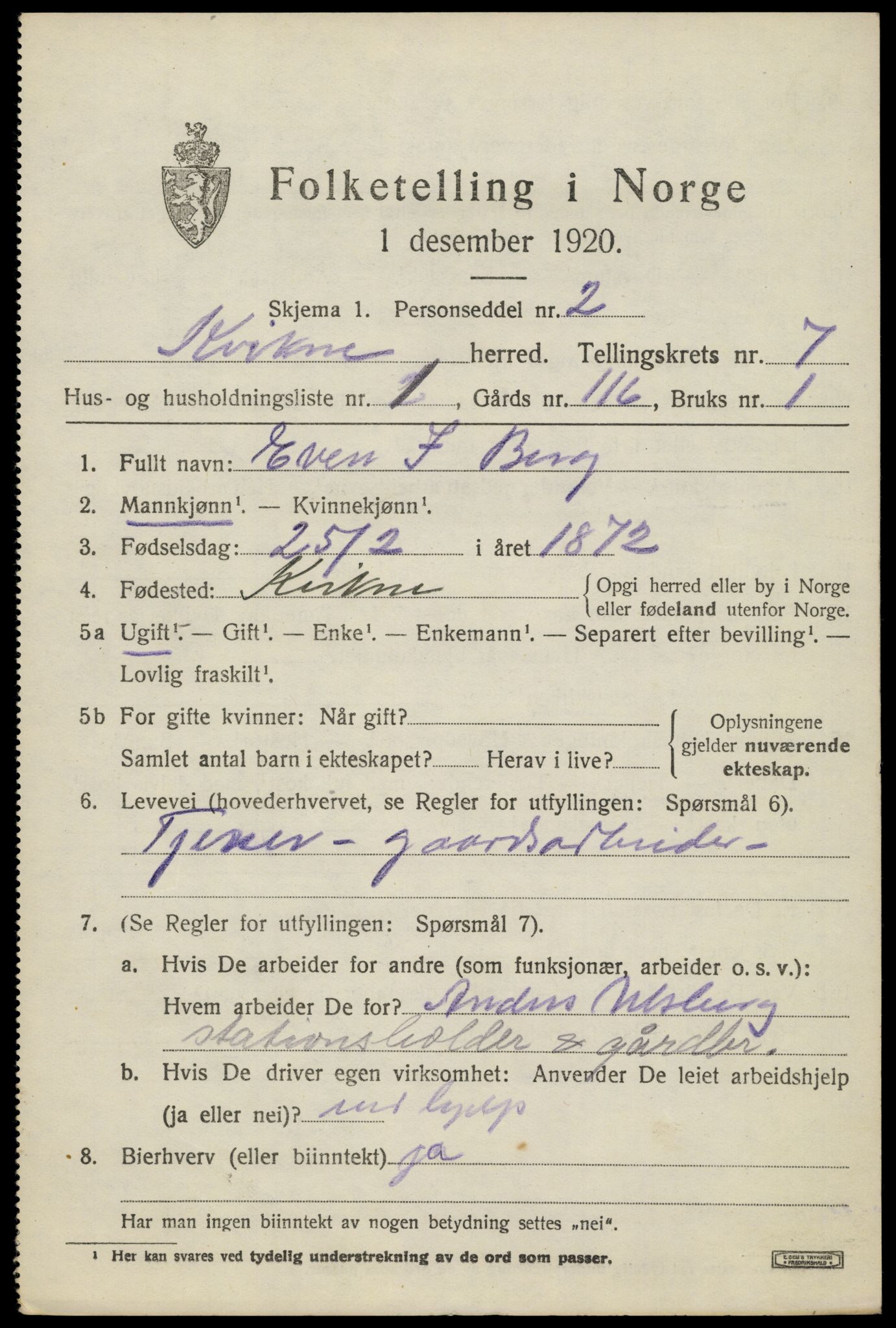 SAH, 1920 census for Kvikne, 1920, p. 2806