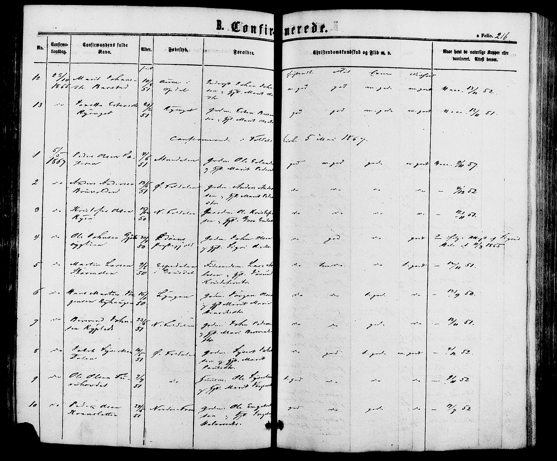Alvdal prestekontor, SAH/PREST-060/H/Ha/Haa/L0001: Parish register (official) no. 1, 1863-1882, p. 216