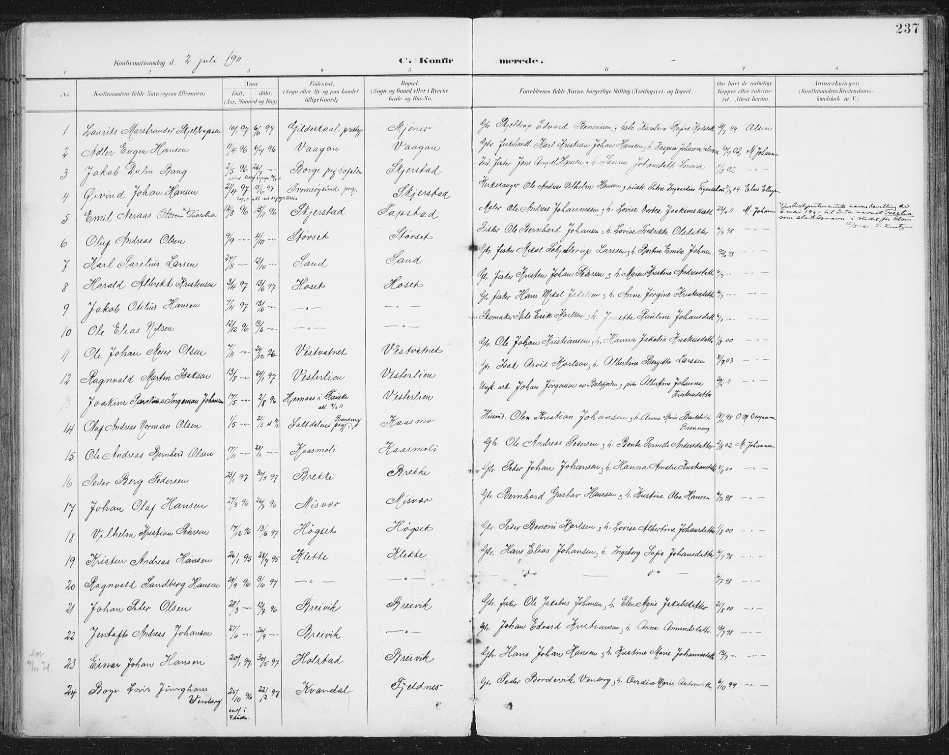 Ministerialprotokoller, klokkerbøker og fødselsregistre - Nordland, AV/SAT-A-1459/852/L0741: Parish register (official) no. 852A11, 1894-1917, p. 237