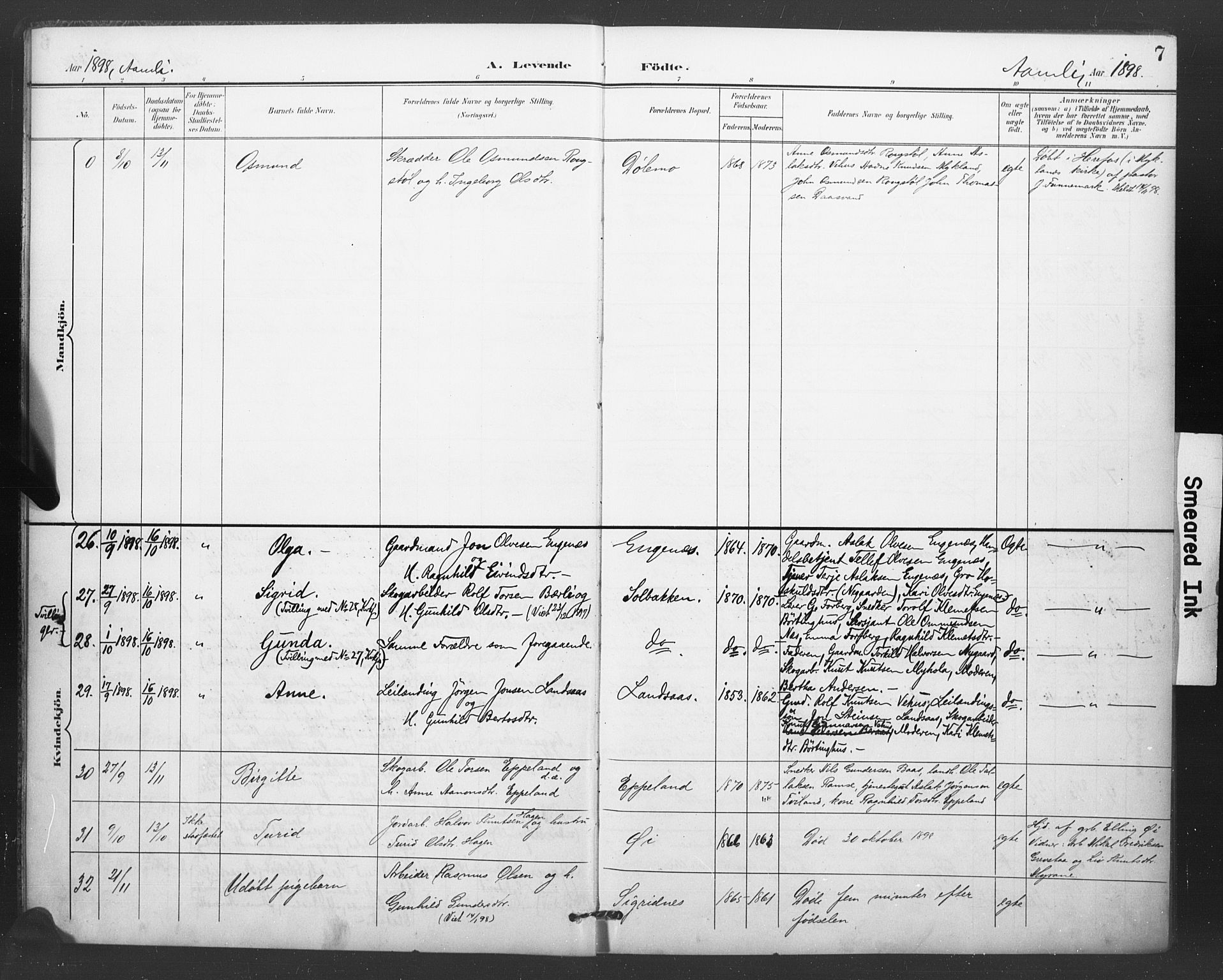 Åmli sokneprestkontor, SAK/1111-0050/F/Fa/Fac/L0011: Parish register (official) no. A 11, 1898-1899, p. 7