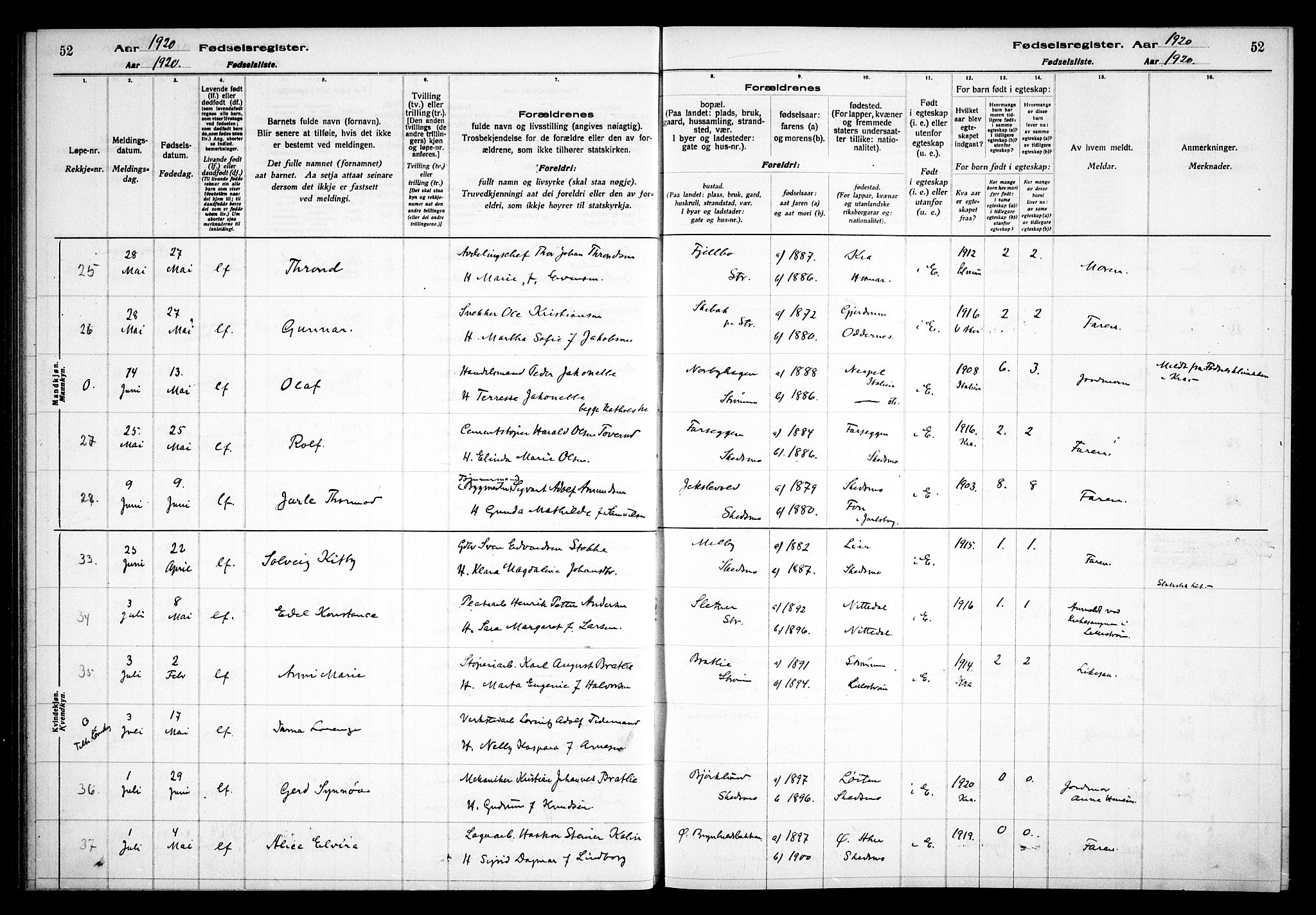 Skedsmo prestekontor Kirkebøker, AV/SAO-A-10033a/J/Ja/L0001: Birth register no. I 1, 1916-1931, p. 52