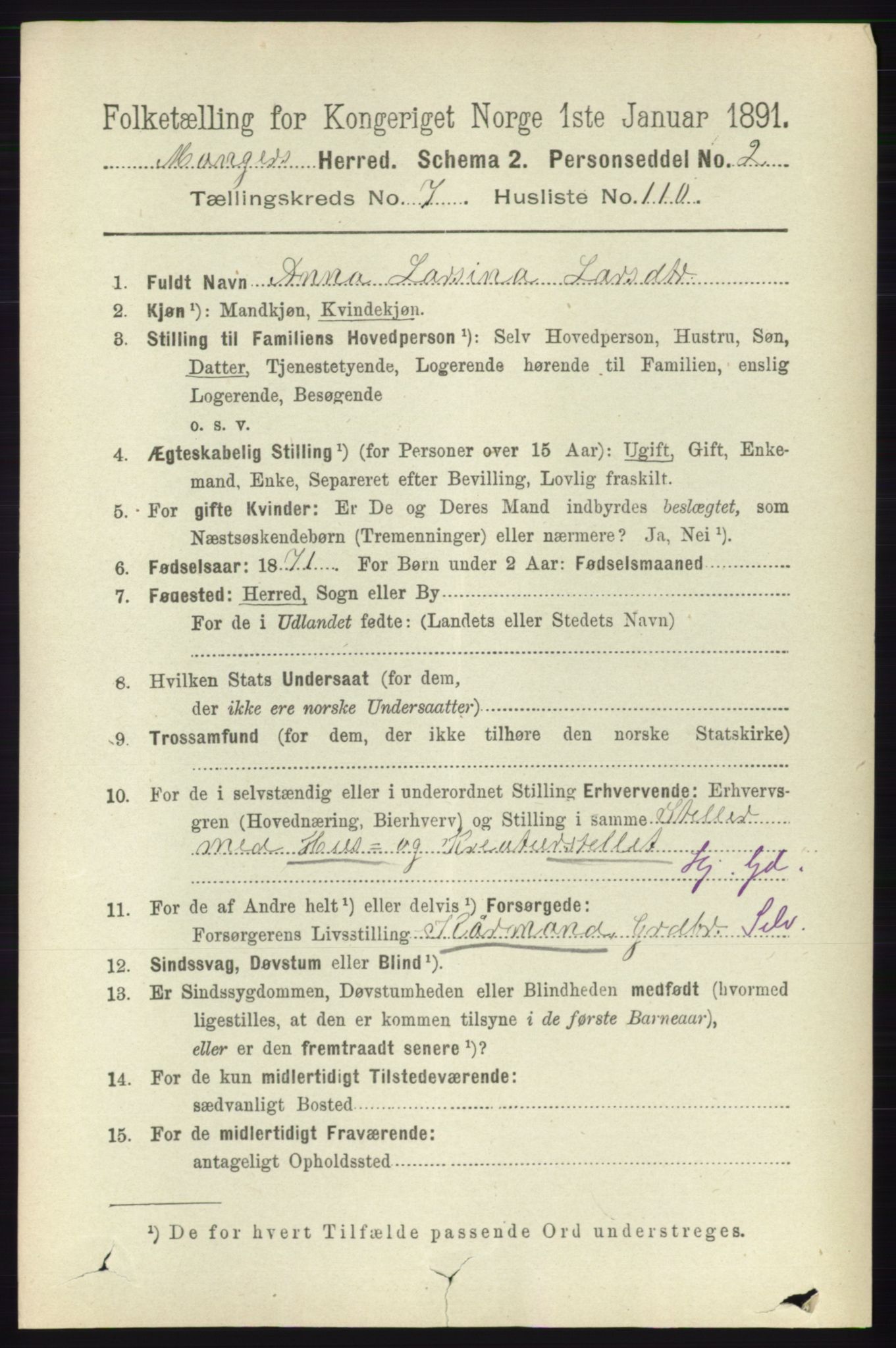 RA, 1891 census for 1261 Manger, 1891, p. 5006