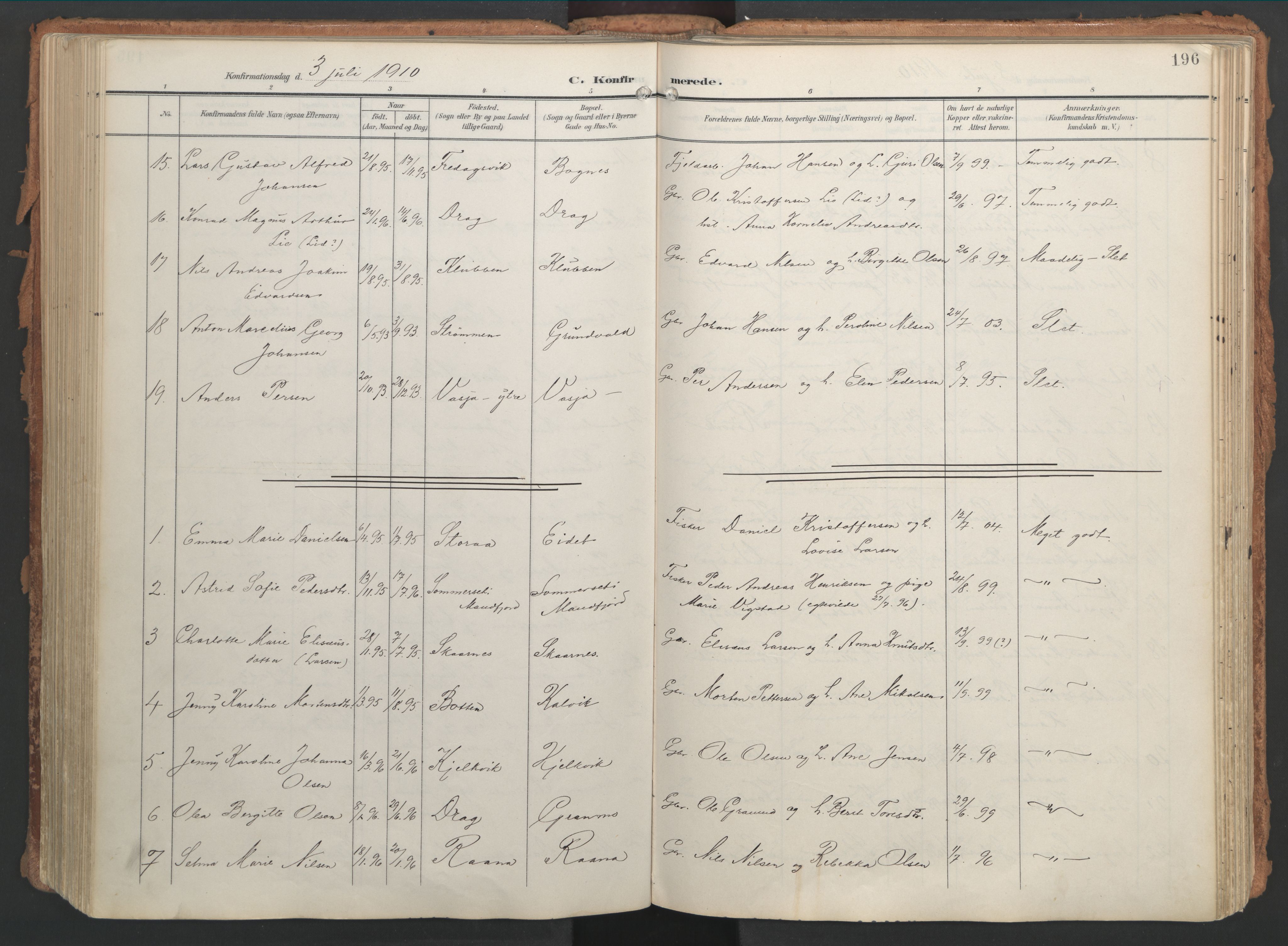 Ministerialprotokoller, klokkerbøker og fødselsregistre - Nordland, AV/SAT-A-1459/861/L0871: Parish register (official) no. 861A06, 1903-1916, p. 196