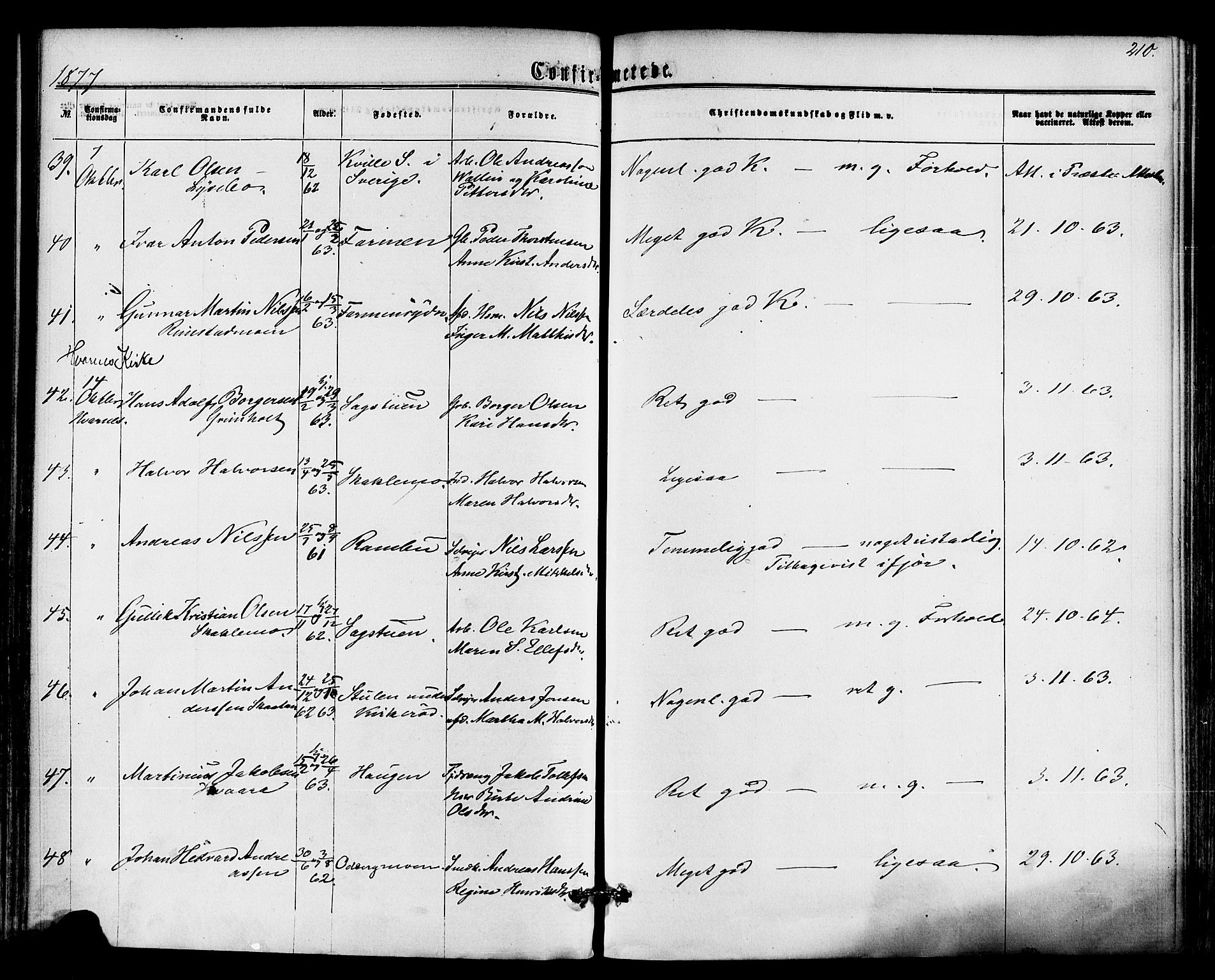 Hedrum kirkebøker, AV/SAKO-A-344/F/Fa/L0008: Parish register (official) no. I 8, 1869-1880, p. 210