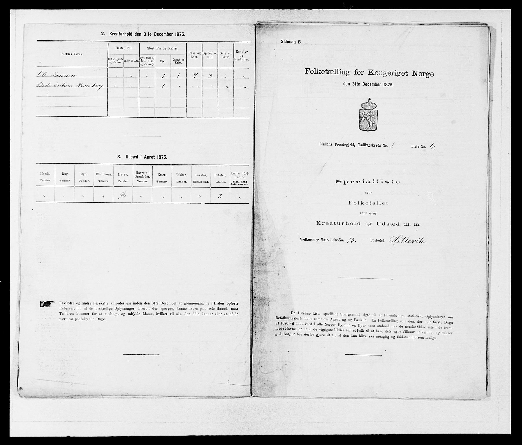 SAB, 1875 census for 1263P Lindås, 1875, p. 60