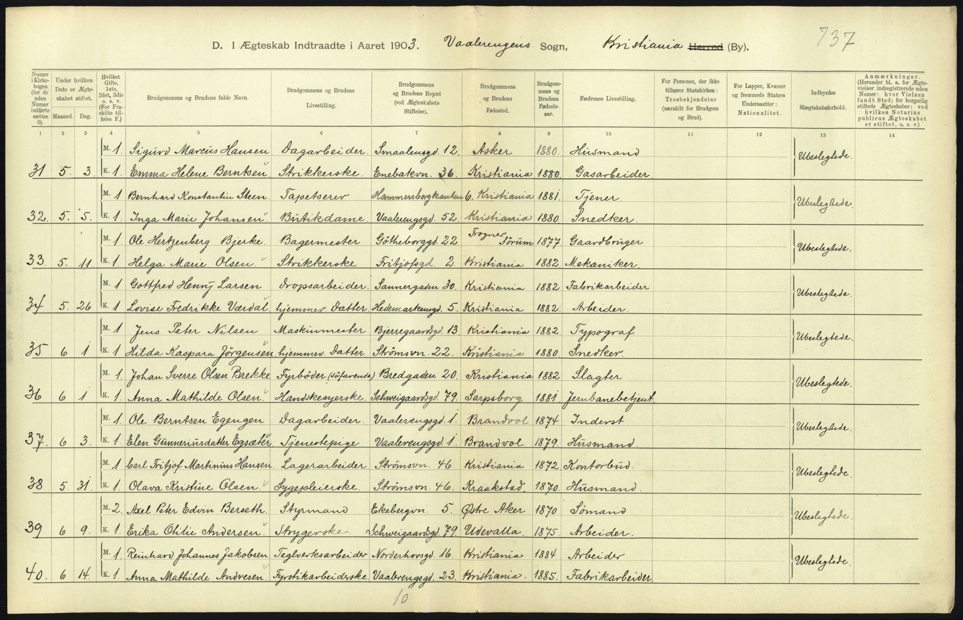 Statistisk sentralbyrå, Sosiodemografiske emner, Befolkning, AV/RA-S-2228/D/Df/Dfa/Dfaa/L0004: Kristiania: Gifte, døde, 1903, p. 525