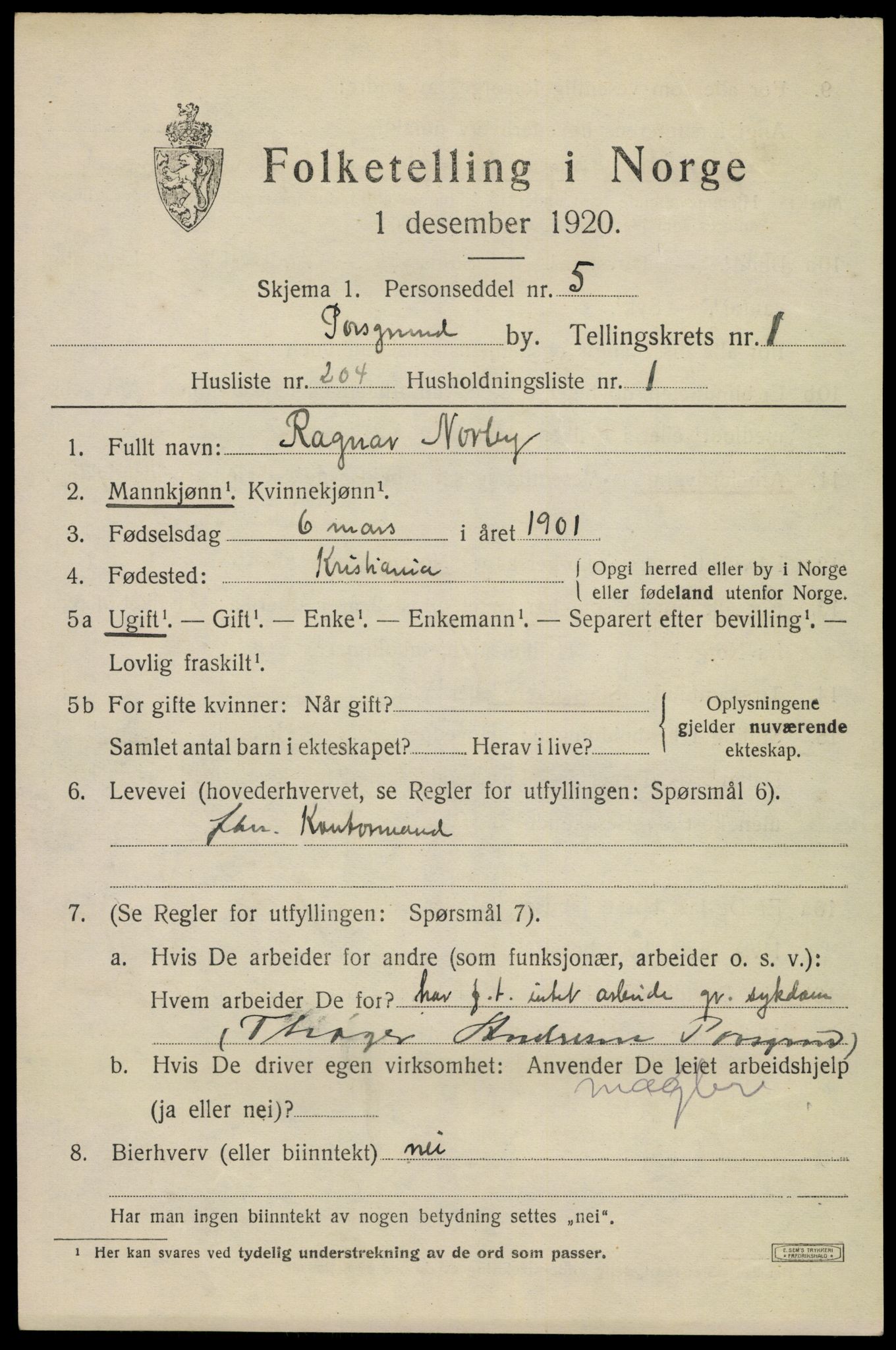SAKO, 1920 census for Porsgrunn, 1920, p. 9457