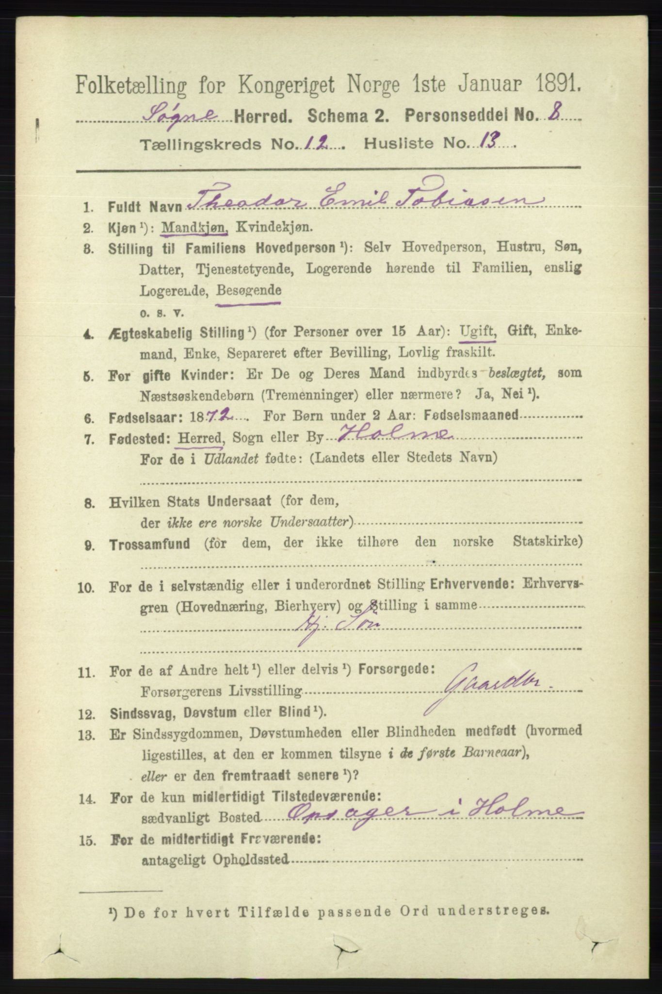 RA, 1891 census for 1018 Søgne, 1891, p. 3180