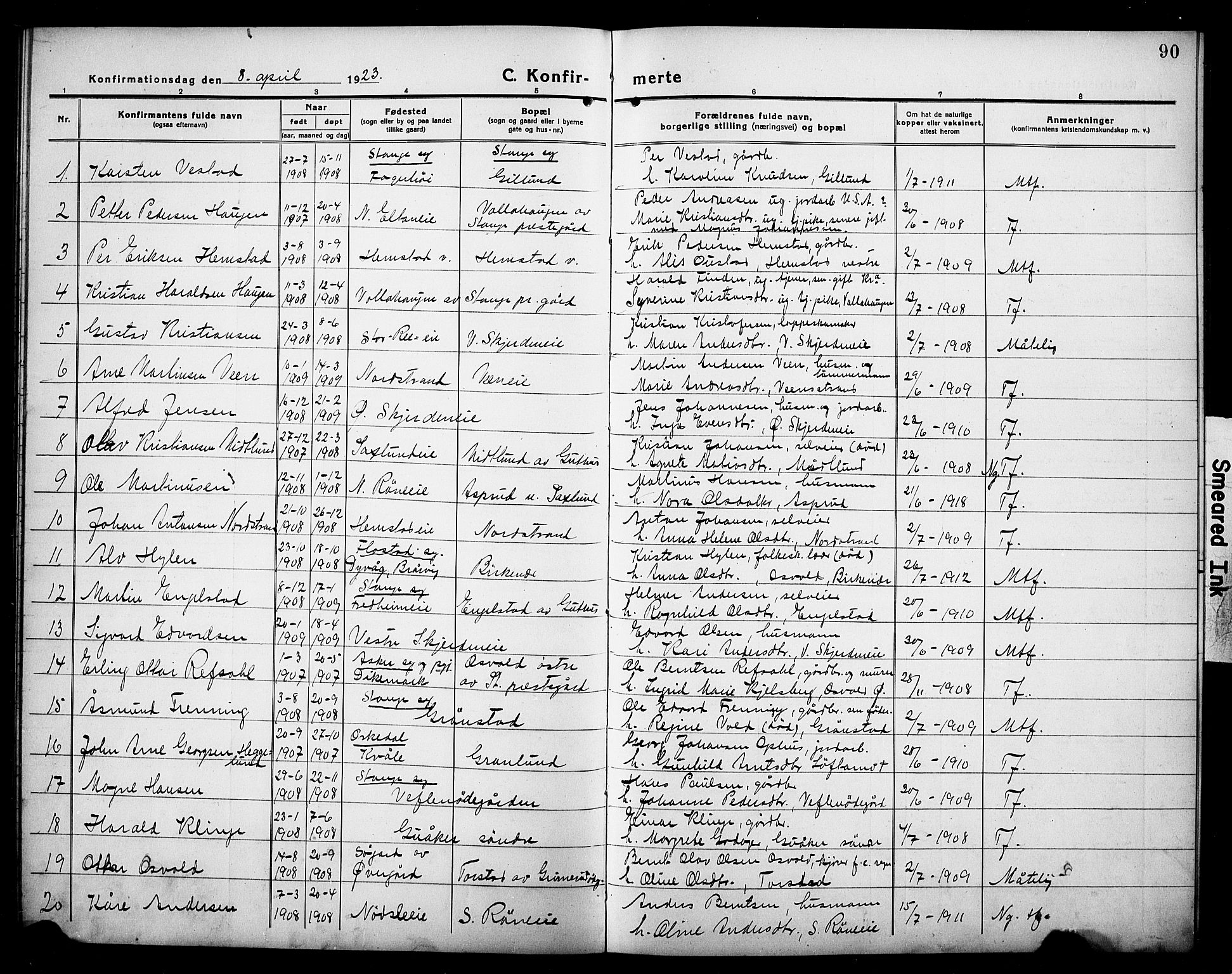 Stange prestekontor, AV/SAH-PREST-002/L/L0016: Parish register (copy) no. 16, 1918-1928, p. 90