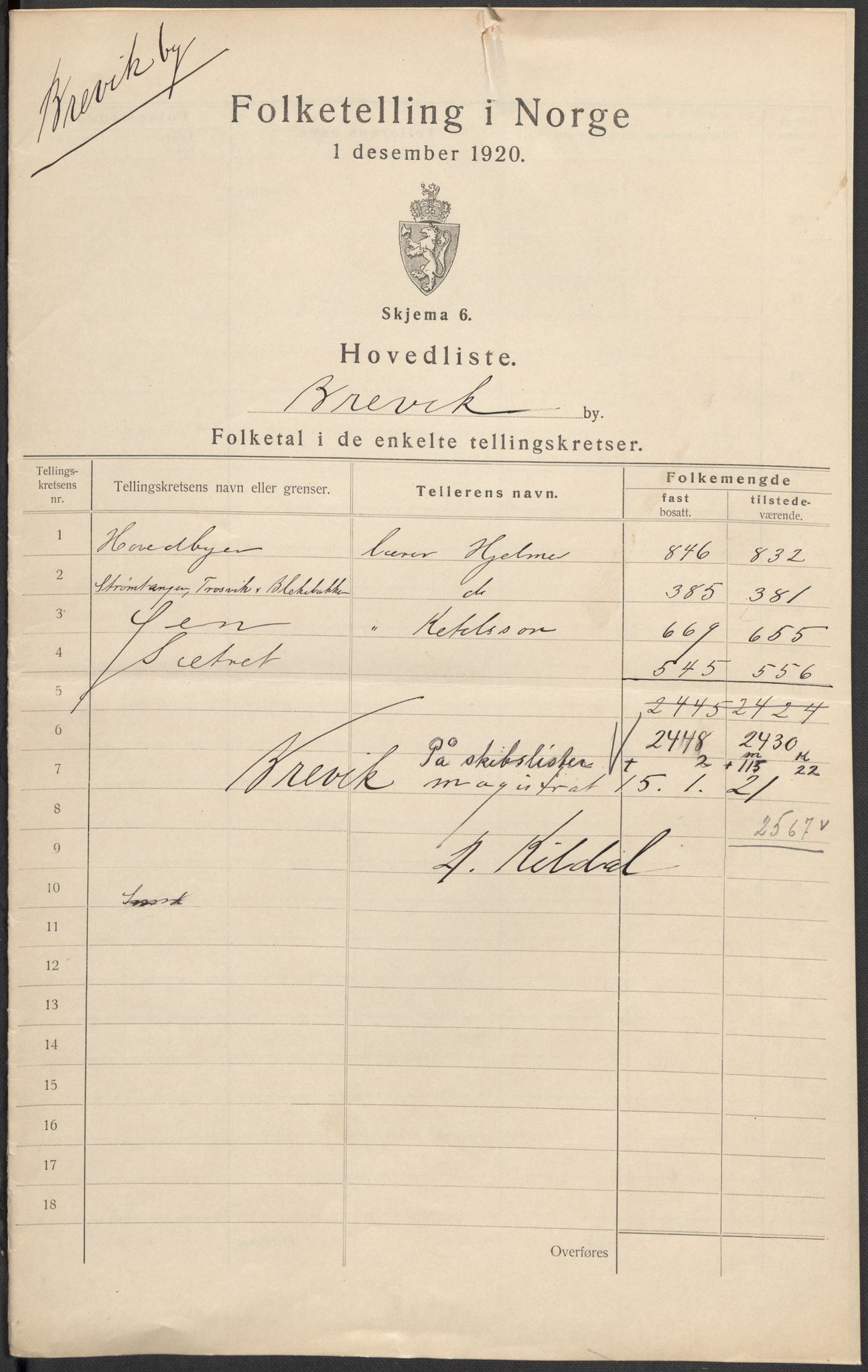 SAKO, 1920 census for Brevik, 1920, p. 2