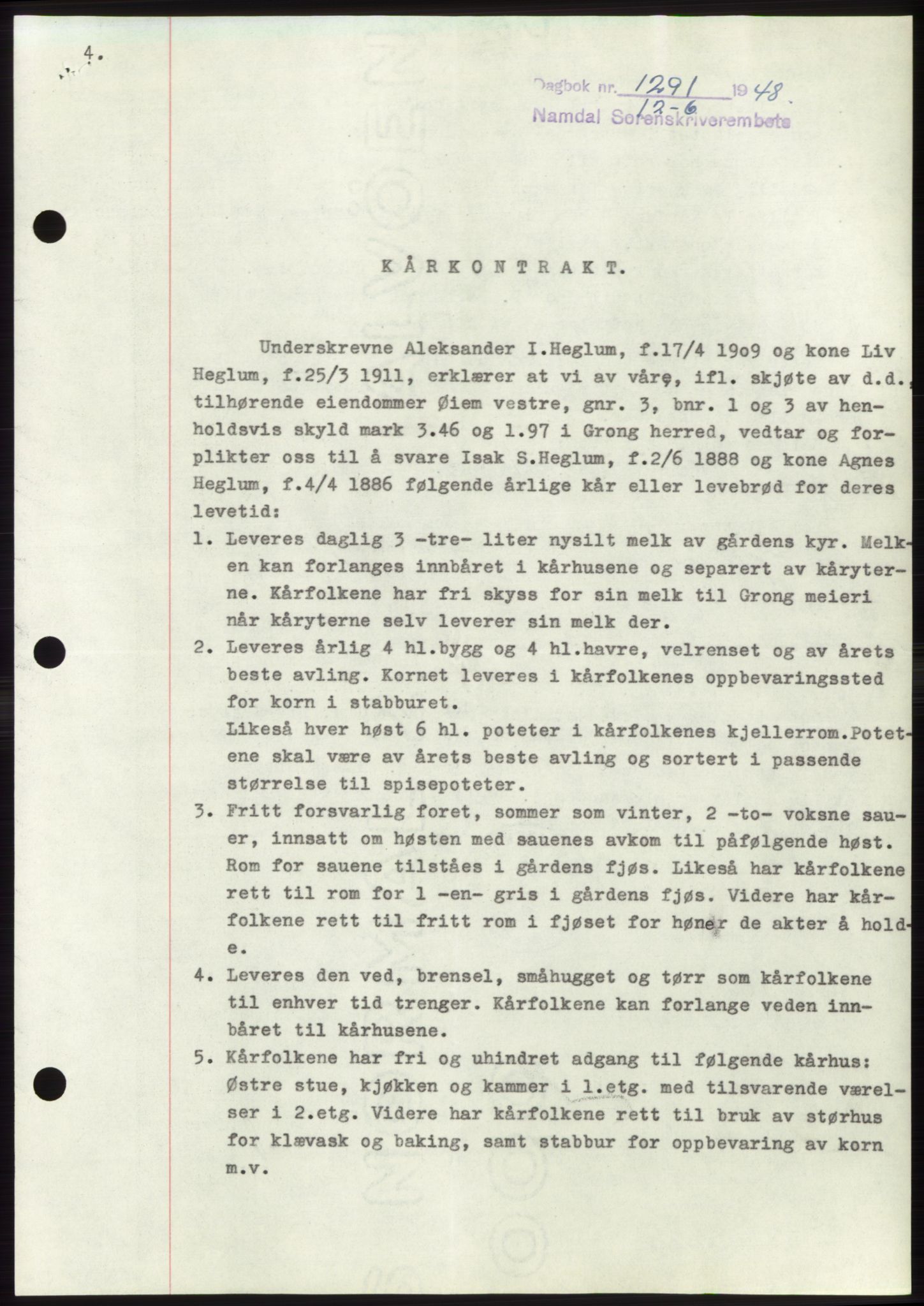 Namdal sorenskriveri, AV/SAT-A-4133/1/2/2C: Mortgage book no. -, 1948-1948, Diary no: : 1291/1948