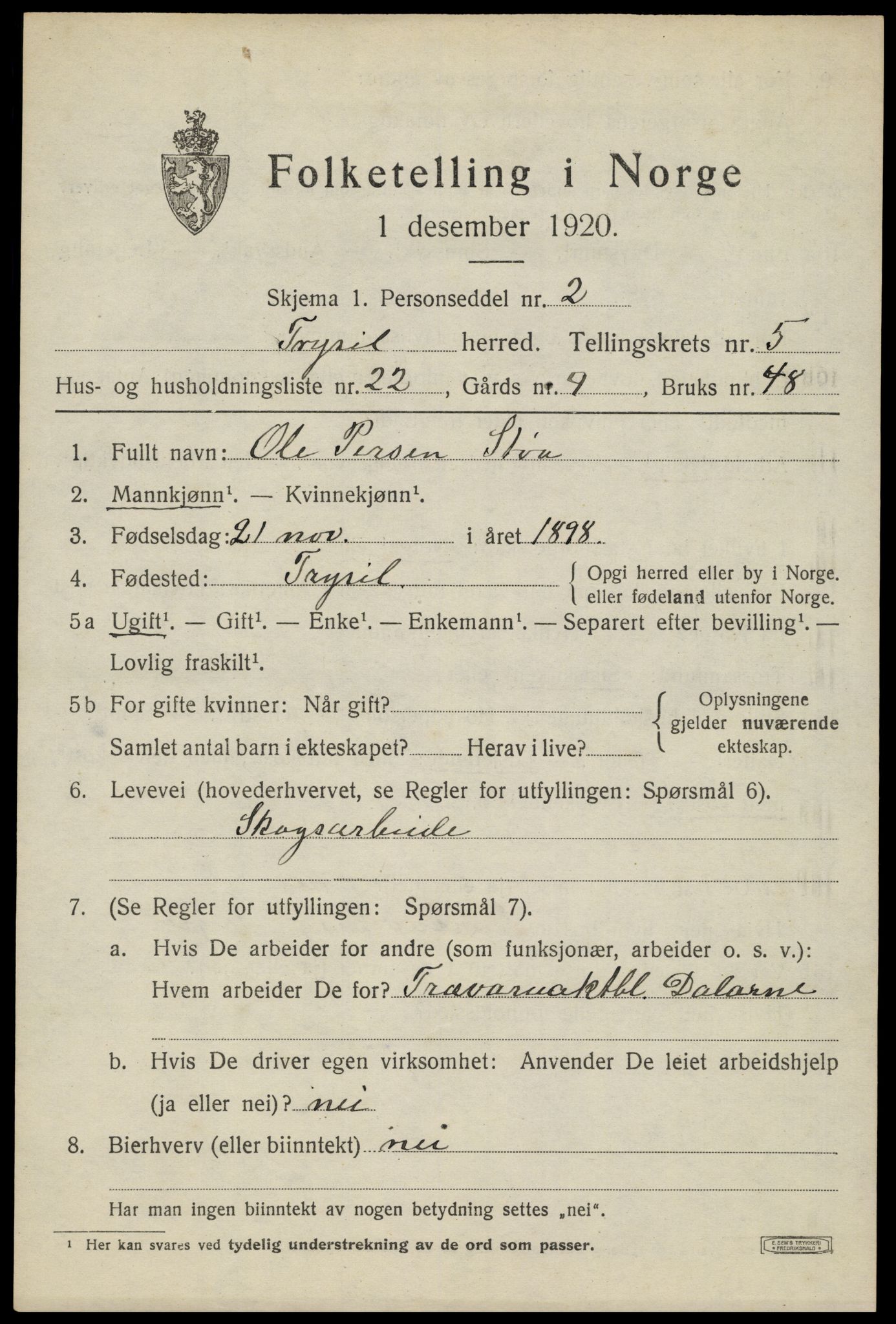 SAH, 1920 census for Trysil, 1920, p. 4511