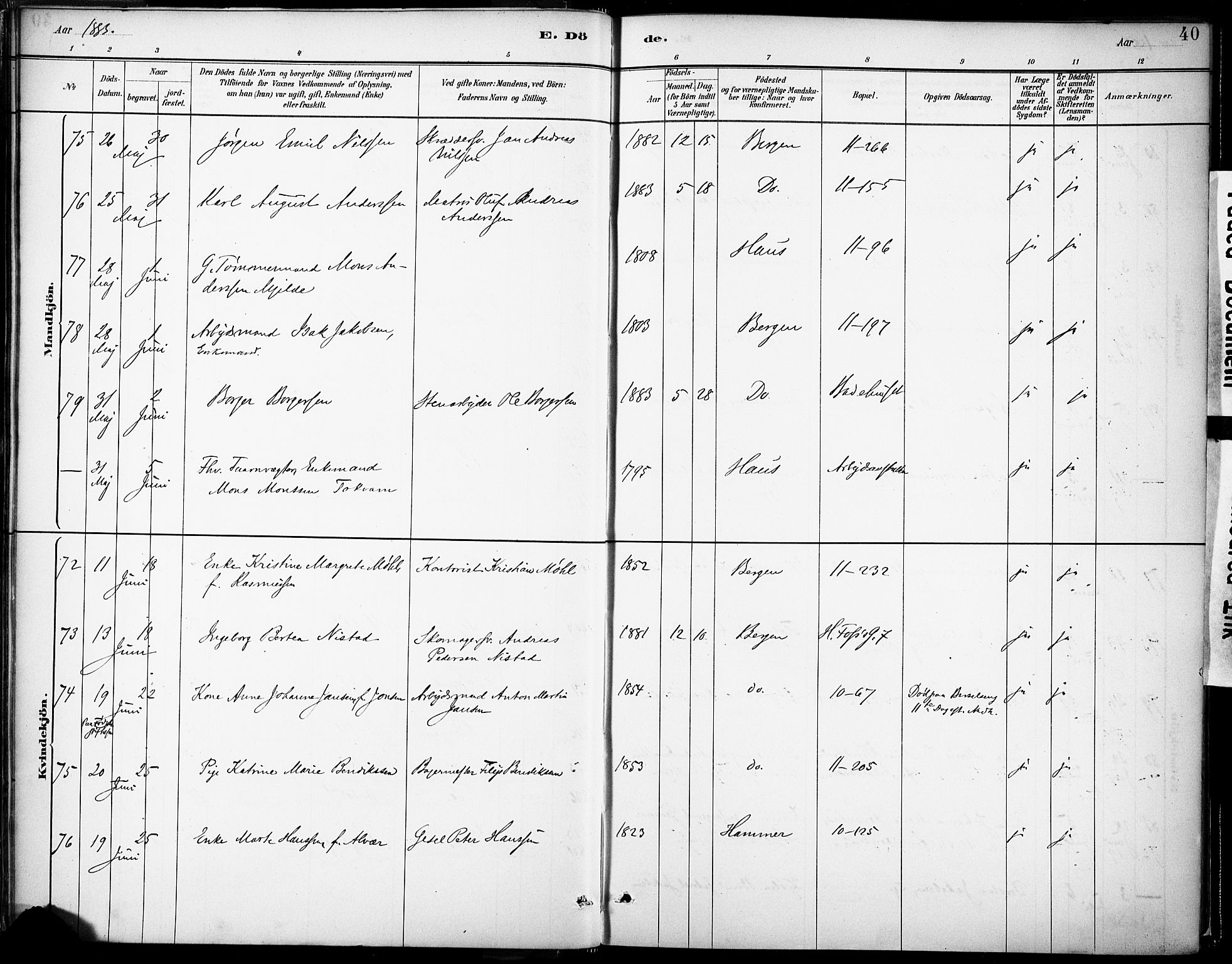 Domkirken sokneprestembete, AV/SAB-A-74801/H/Haa/L0043: Parish register (official) no. E 5, 1882-1904, p. 40