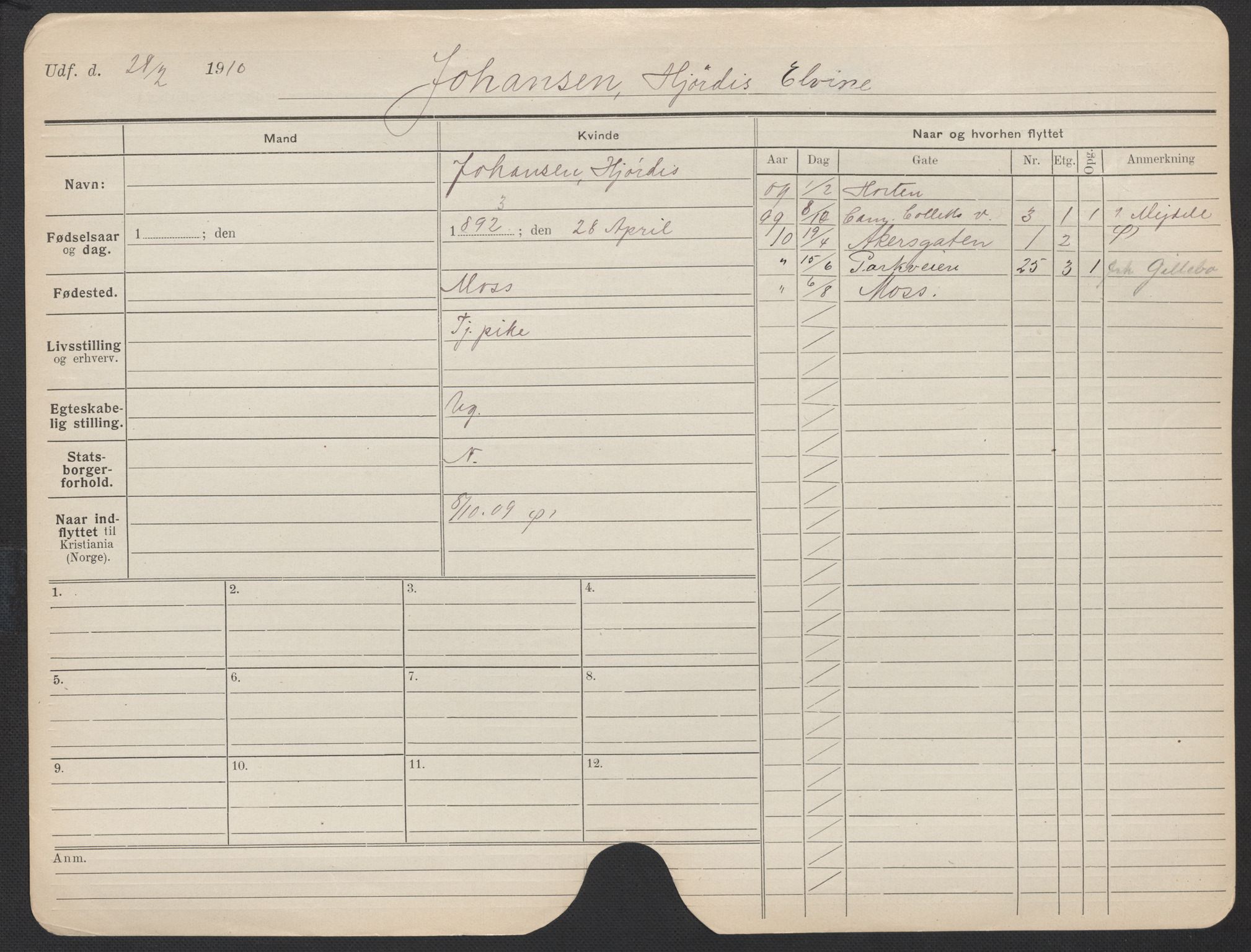 Oslo folkeregister, Registerkort, AV/SAO-A-11715/F/Fa/Fac/L0018: Kvinner, 1906-1914, p. 69a