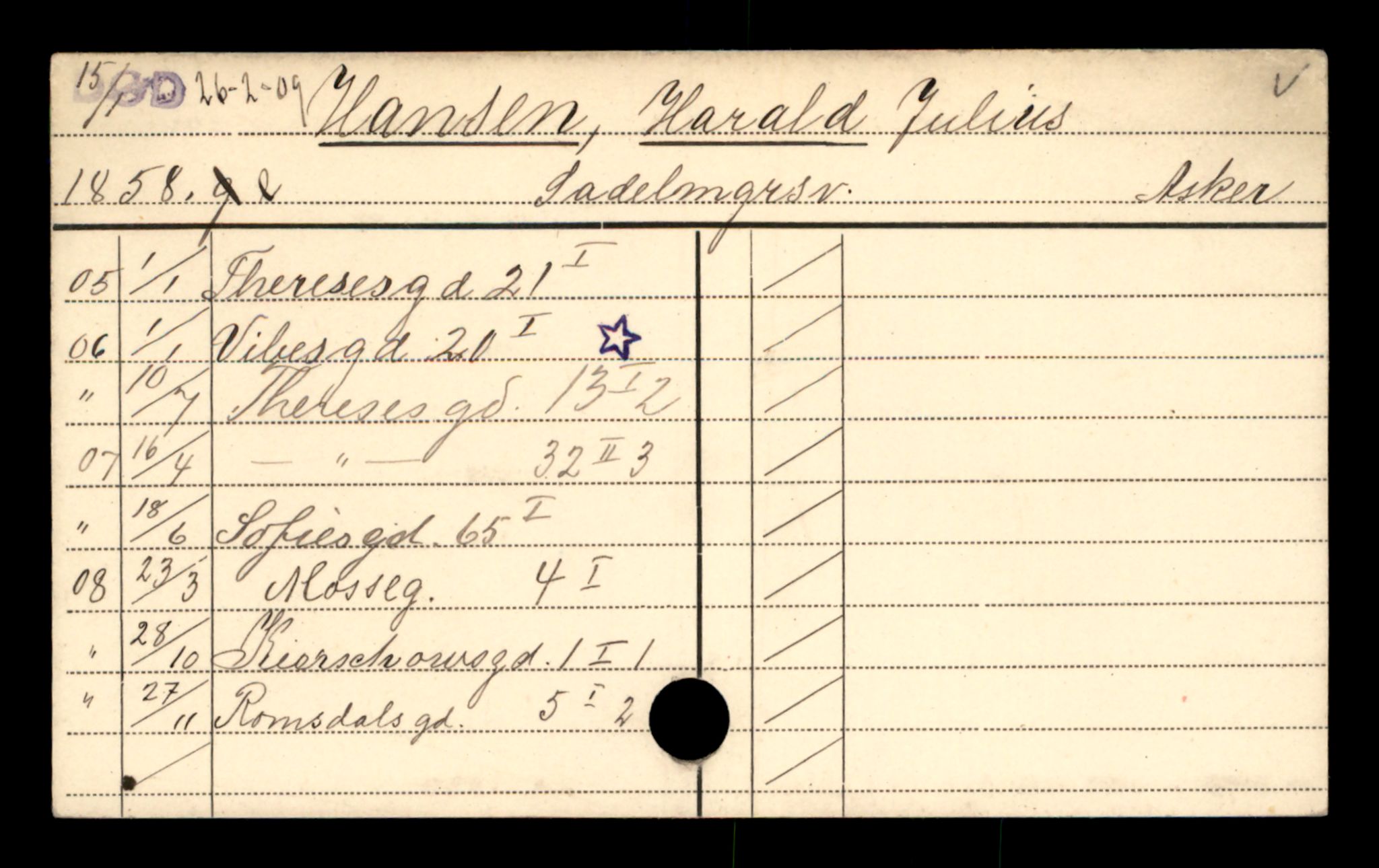 Oslo folkeregister, Registerkort, AV/SAO-A-11715/D/Da/L0030: Menn: Hansen Harald - Hansen Kristen, 1906-1919