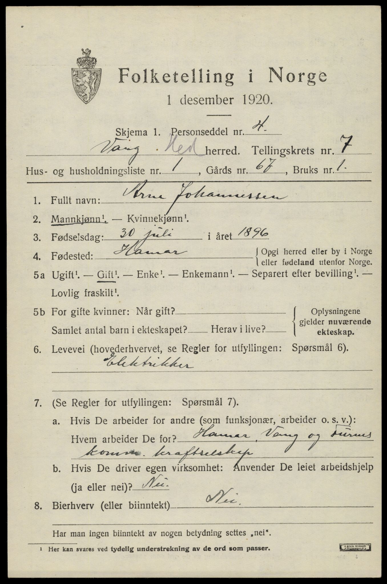 SAH, 1920 census for Vang (Hedmark), 1920, p. 16035