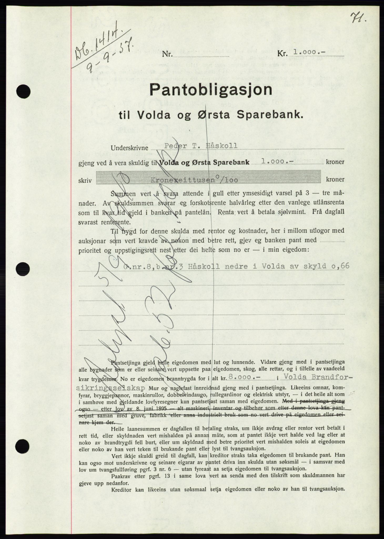 Søre Sunnmøre sorenskriveri, AV/SAT-A-4122/1/2/2C/L0064: Mortgage book no. 58, 1937-1938, Diary no: : 1414/1937