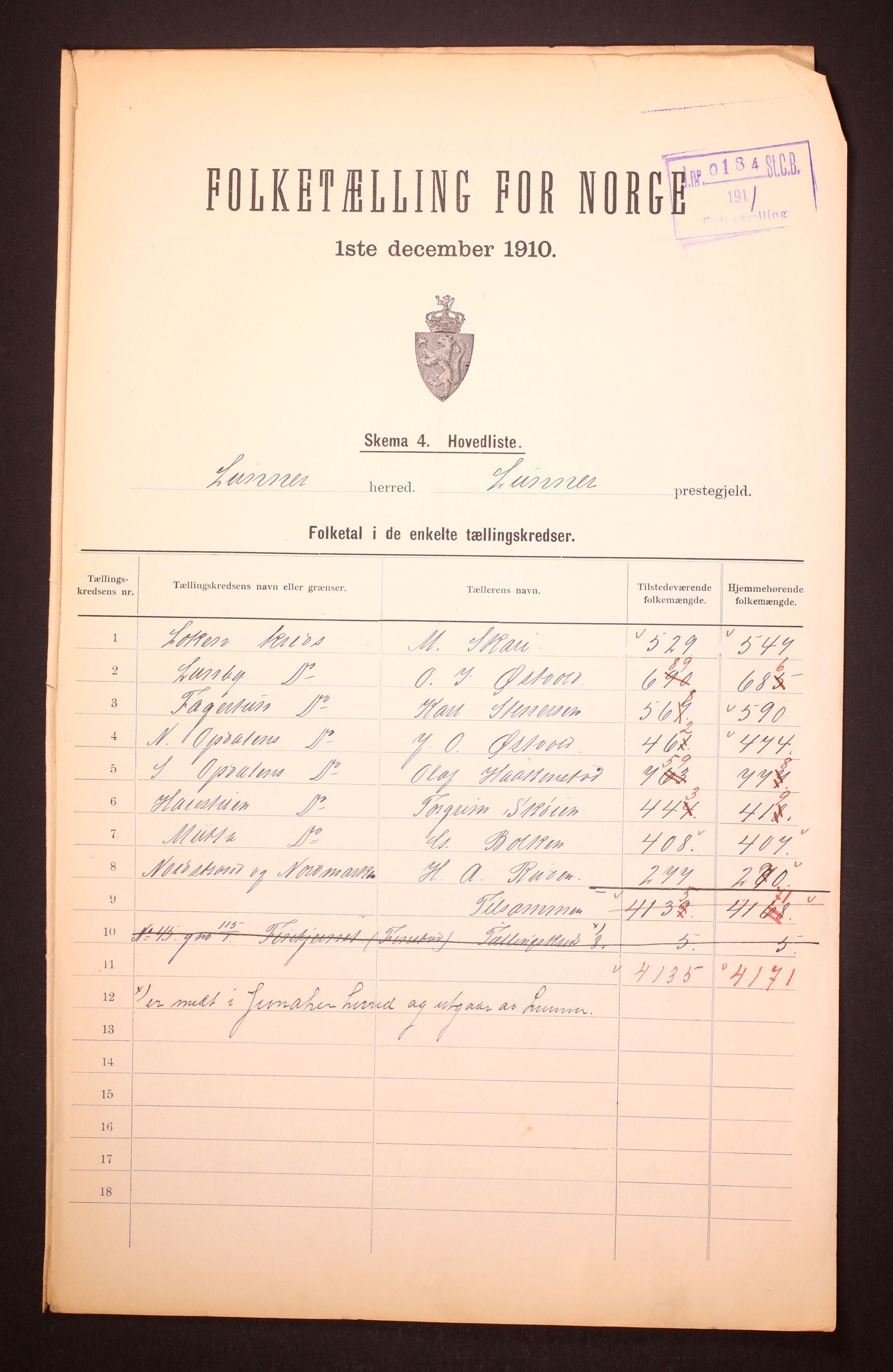 RA, 1910 census for Lunner, 1910, p. 2