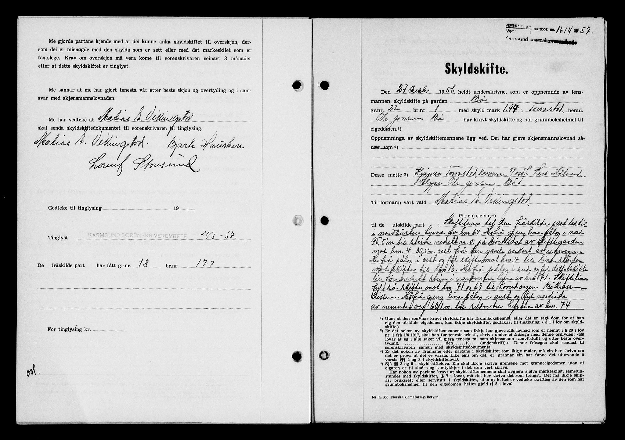 Karmsund sorenskriveri, AV/SAST-A-100311/01/II/IIB/L0125: Mortgage book no. 105A, 1957-1957, Diary no: : 1614/1957