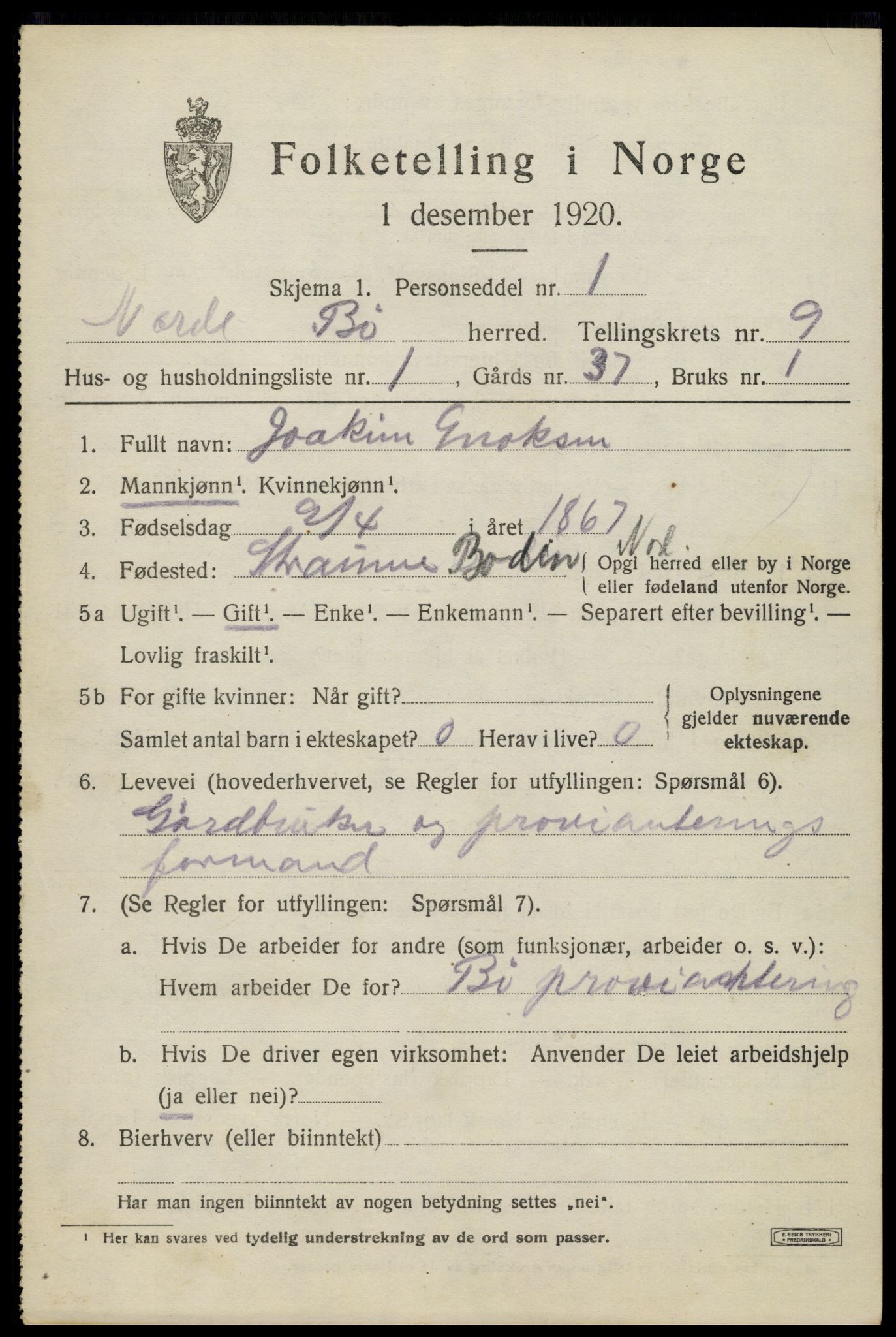 SAT, 1920 census for Bø, 1920, p. 7274