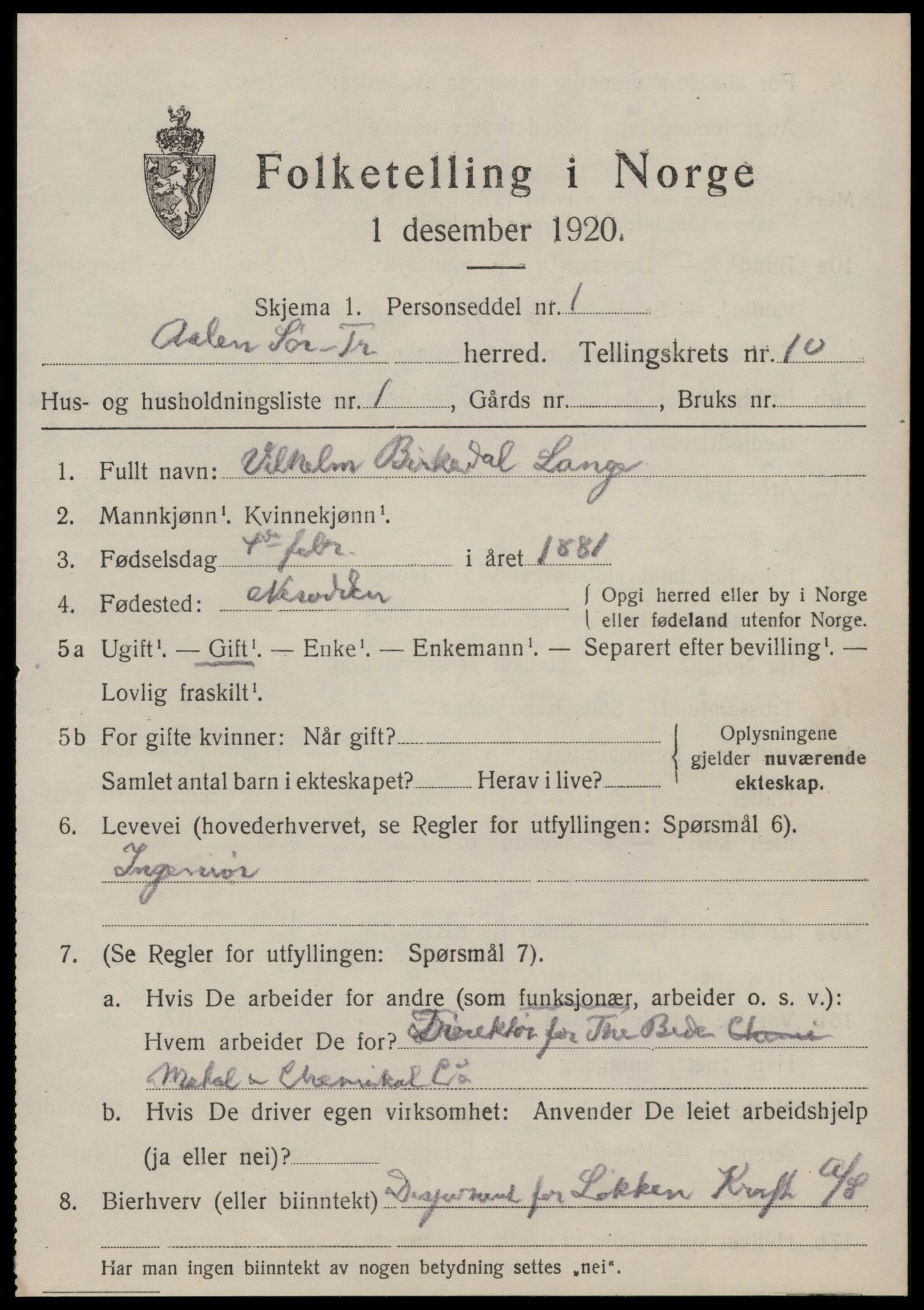 SAT, 1920 census for Ålen, 1920, p. 4664