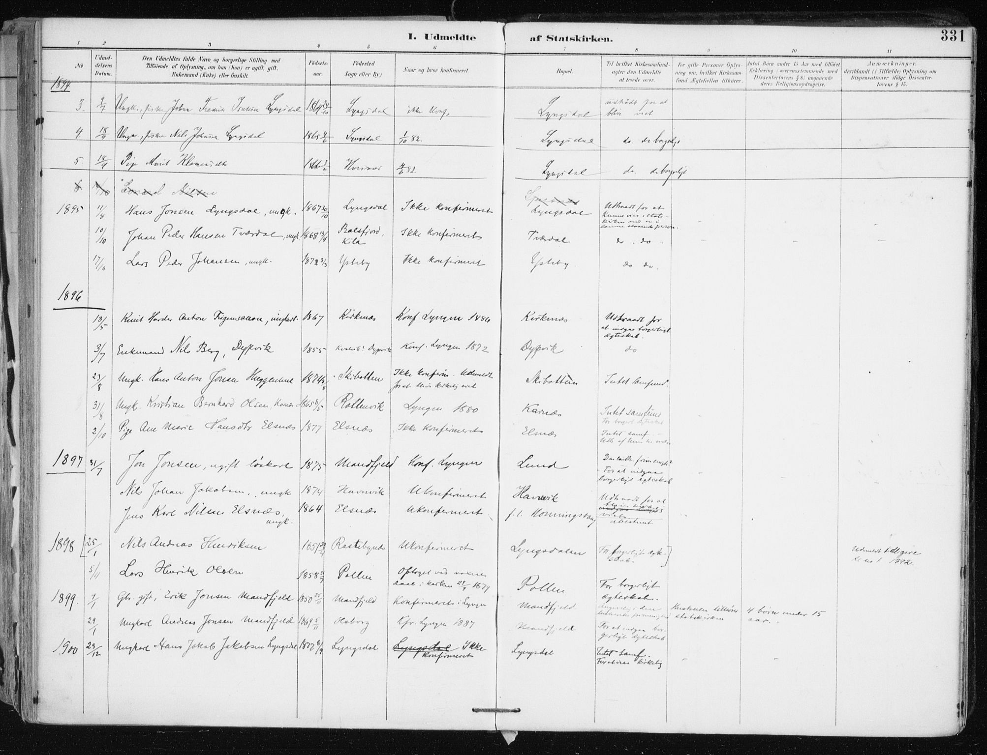 Lyngen sokneprestembete, AV/SATØ-S-1289/H/He/Hea/L0008kirke: Parish register (official) no. 8, 1891-1902, p. 331