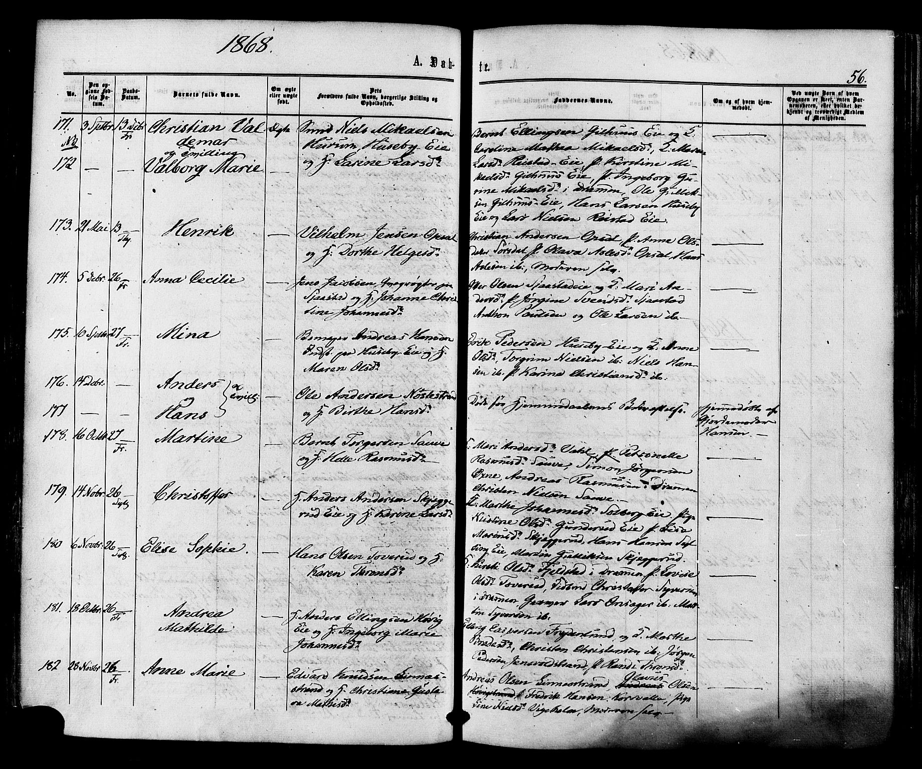 Lier kirkebøker, AV/SAKO-A-230/F/Fa/L0013: Parish register (official) no. I 13, 1865-1874, p. 56