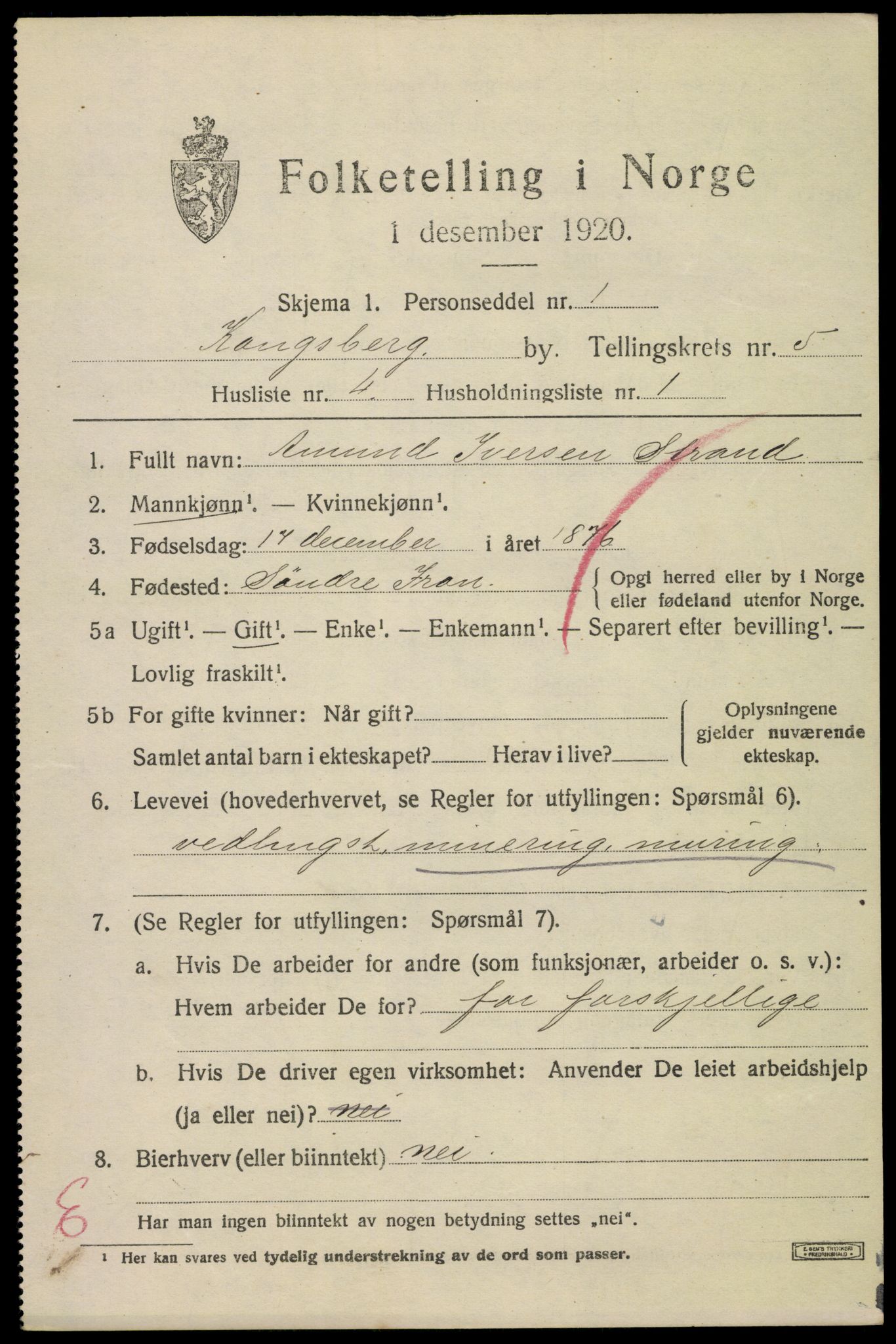 SAKO, 1920 census for Kongsberg, 1920, p. 12478