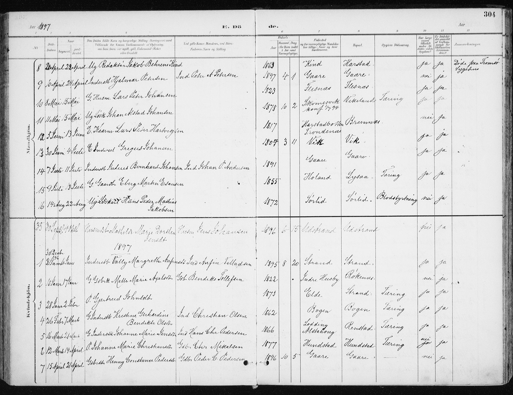 Kvæfjord sokneprestkontor, AV/SATØ-S-1323/G/Ga/Gaa/L0006kirke: Parish register (official) no. 6, 1895-1914, p. 304