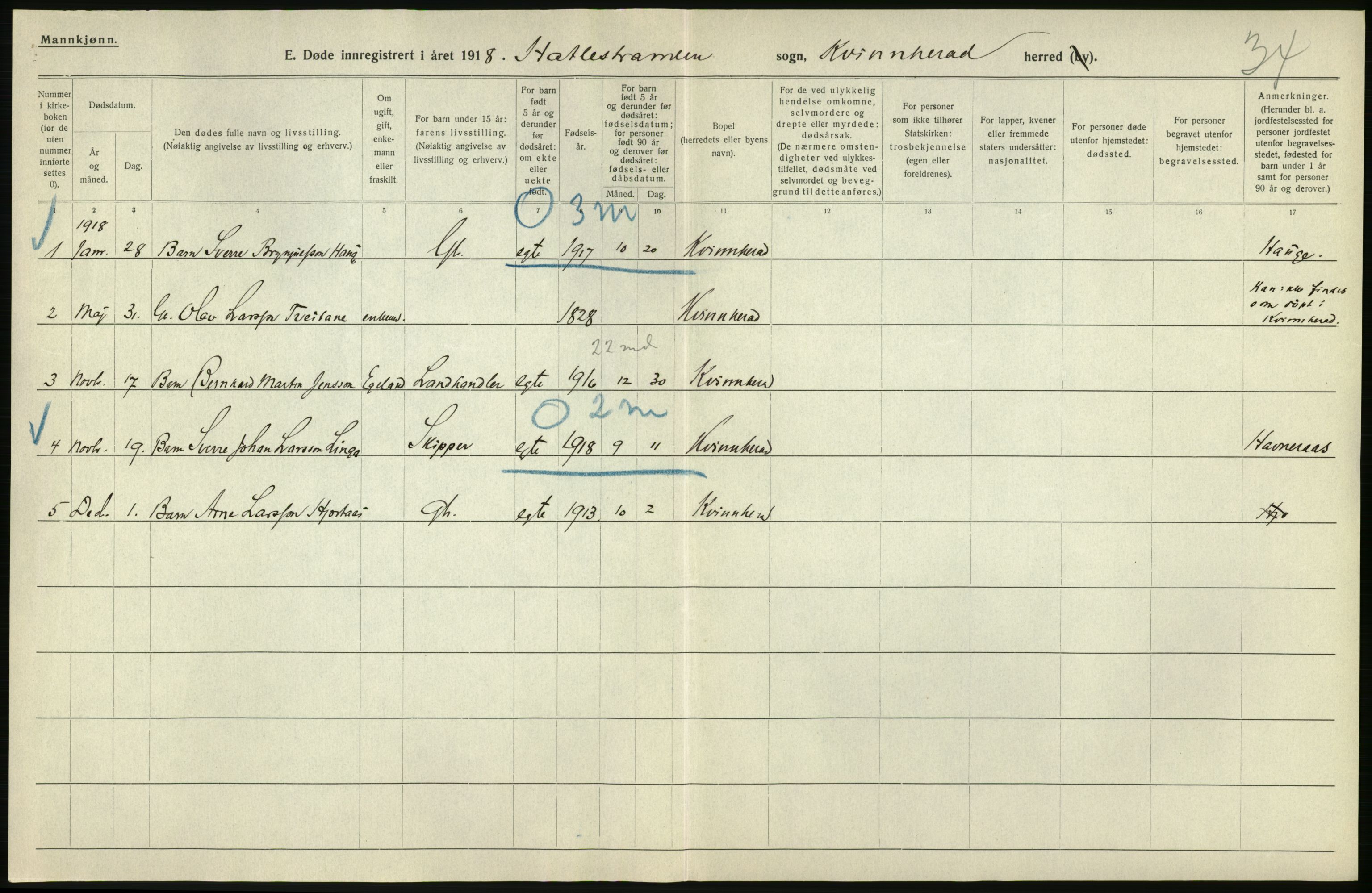 Statistisk sentralbyrå, Sosiodemografiske emner, Befolkning, AV/RA-S-2228/D/Df/Dfb/Dfbh/L0036: Hordaland fylke: Døde., 1918, p. 16