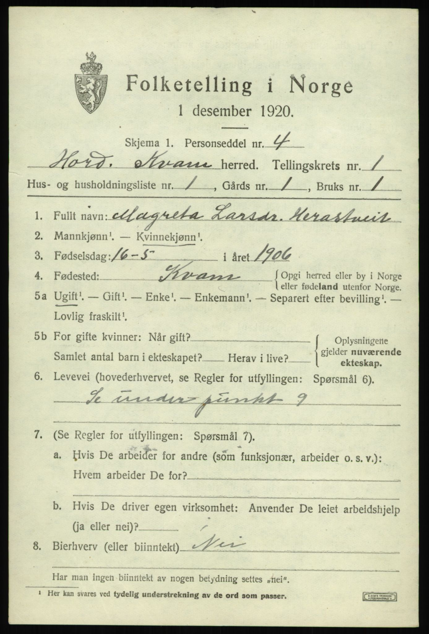 SAB, 1920 census for Kvam, 1920, p. 1443