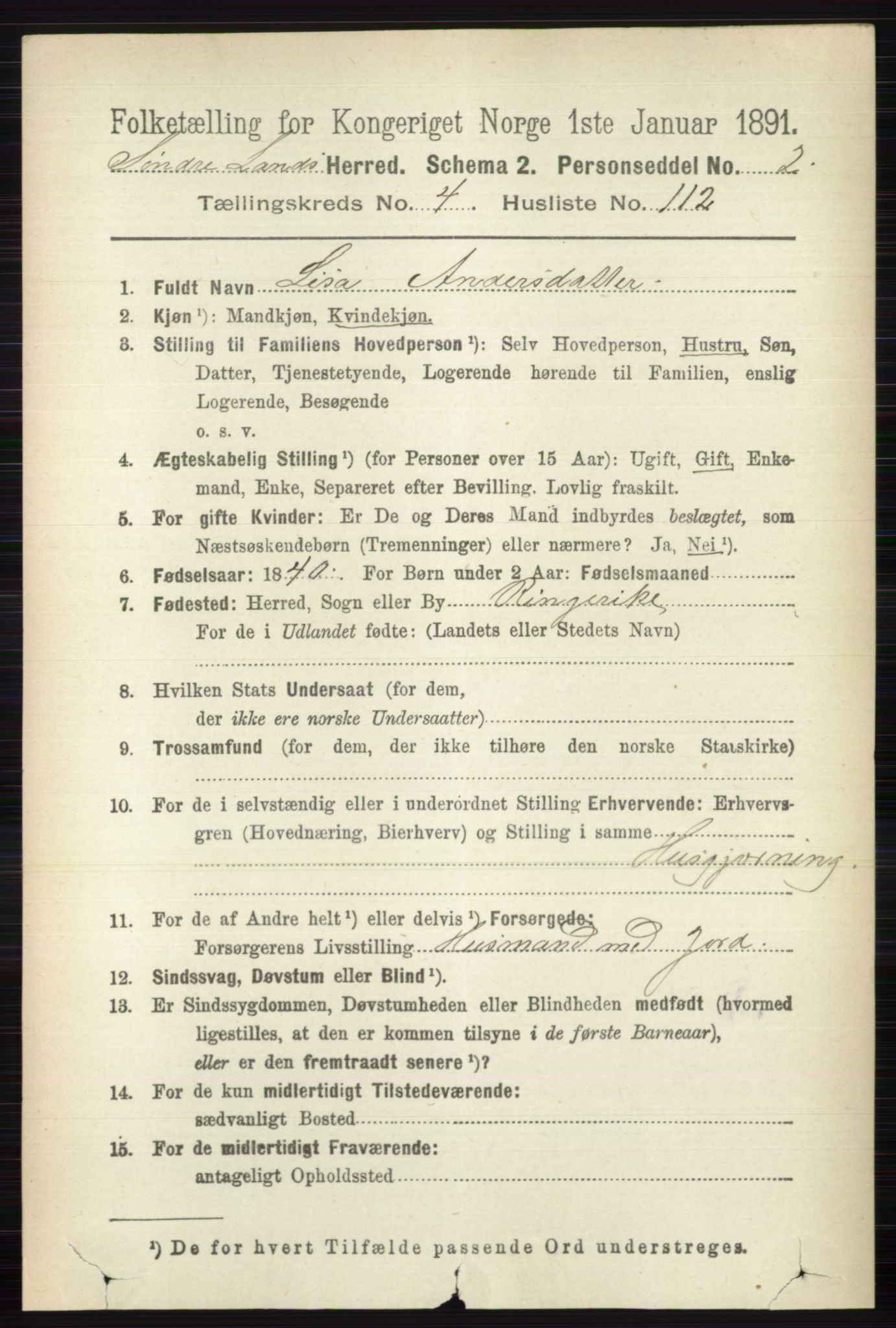 RA, 1891 census for 0536 Søndre Land, 1891, p. 4652