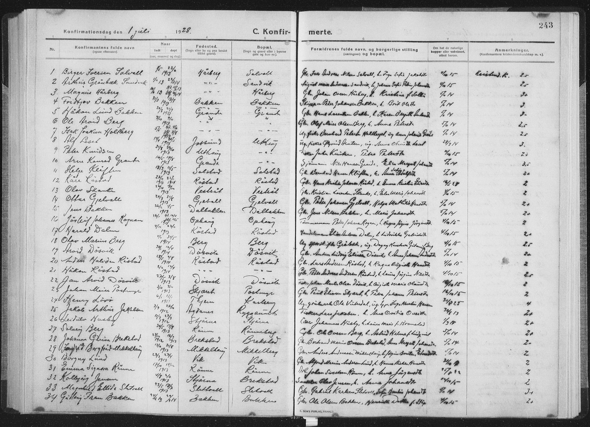 Ministerialprotokoller, klokkerbøker og fødselsregistre - Sør-Trøndelag, SAT/A-1456/659/L0747: Parish register (copy) no. 659C04, 1913-1938, p. 243