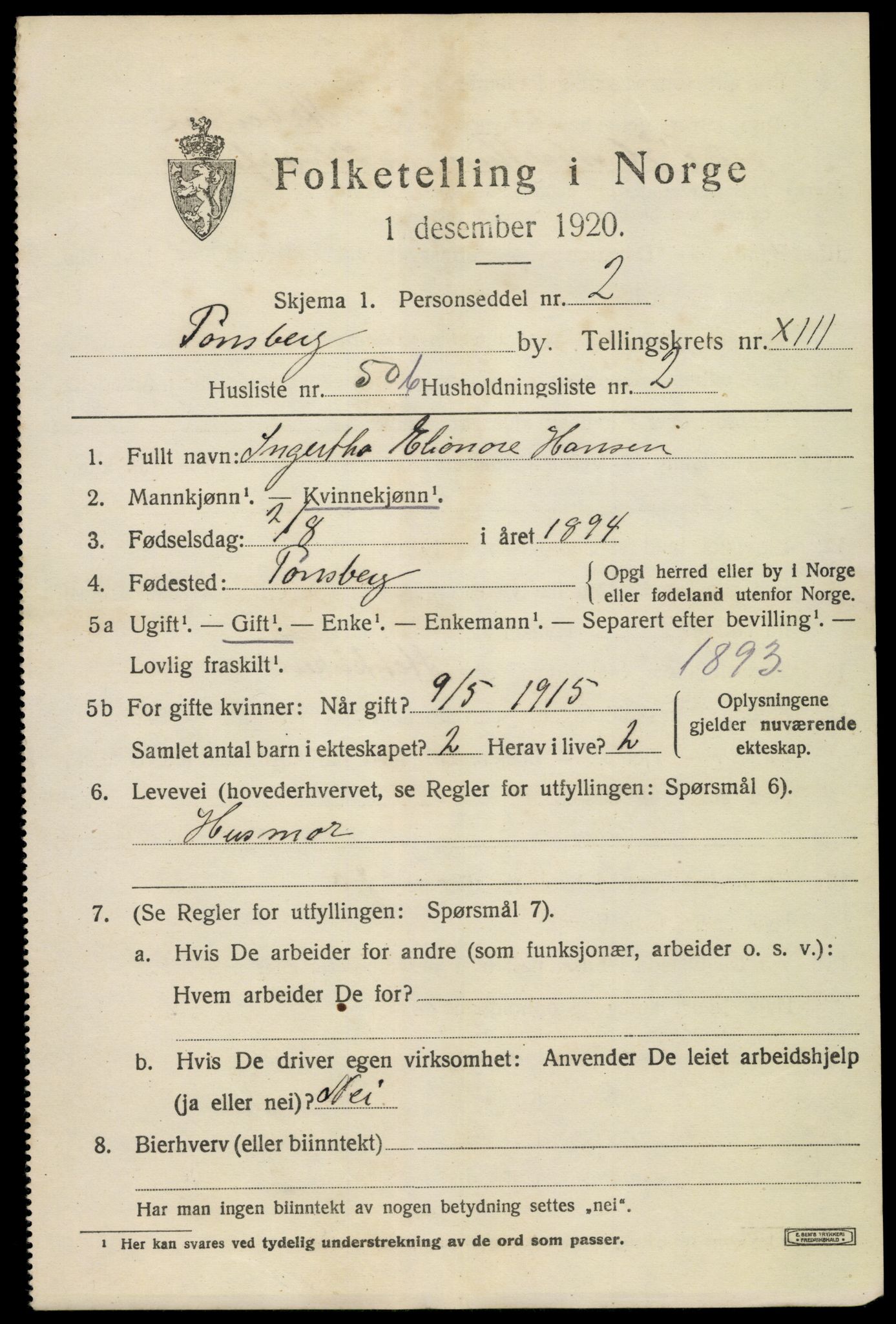 SAKO, 1920 census for Tønsberg, 1920, p. 22405