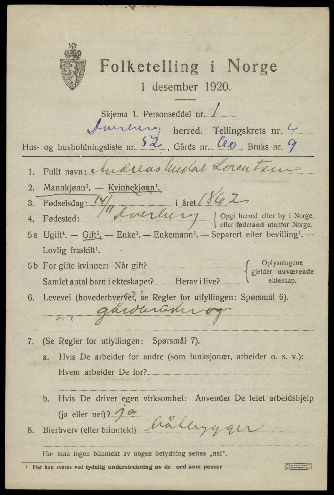 SAT, 1920 census for Dverberg, 1920, p. 5836