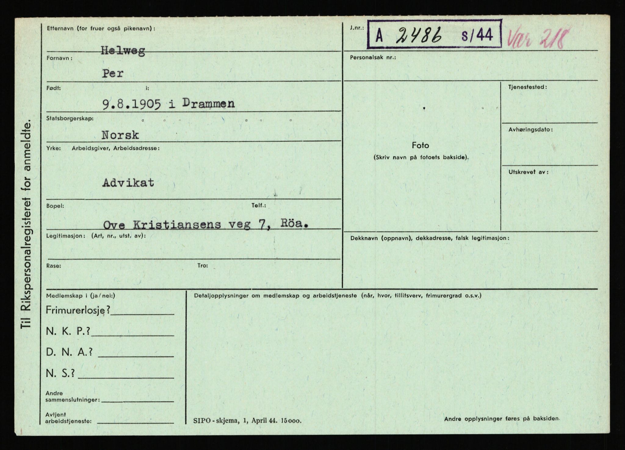 Statspolitiet - Hovedkontoret / Osloavdelingen, AV/RA-S-1329/C/Ca/L0006: Hanche - Hokstvedt, 1943-1945, p. 3520