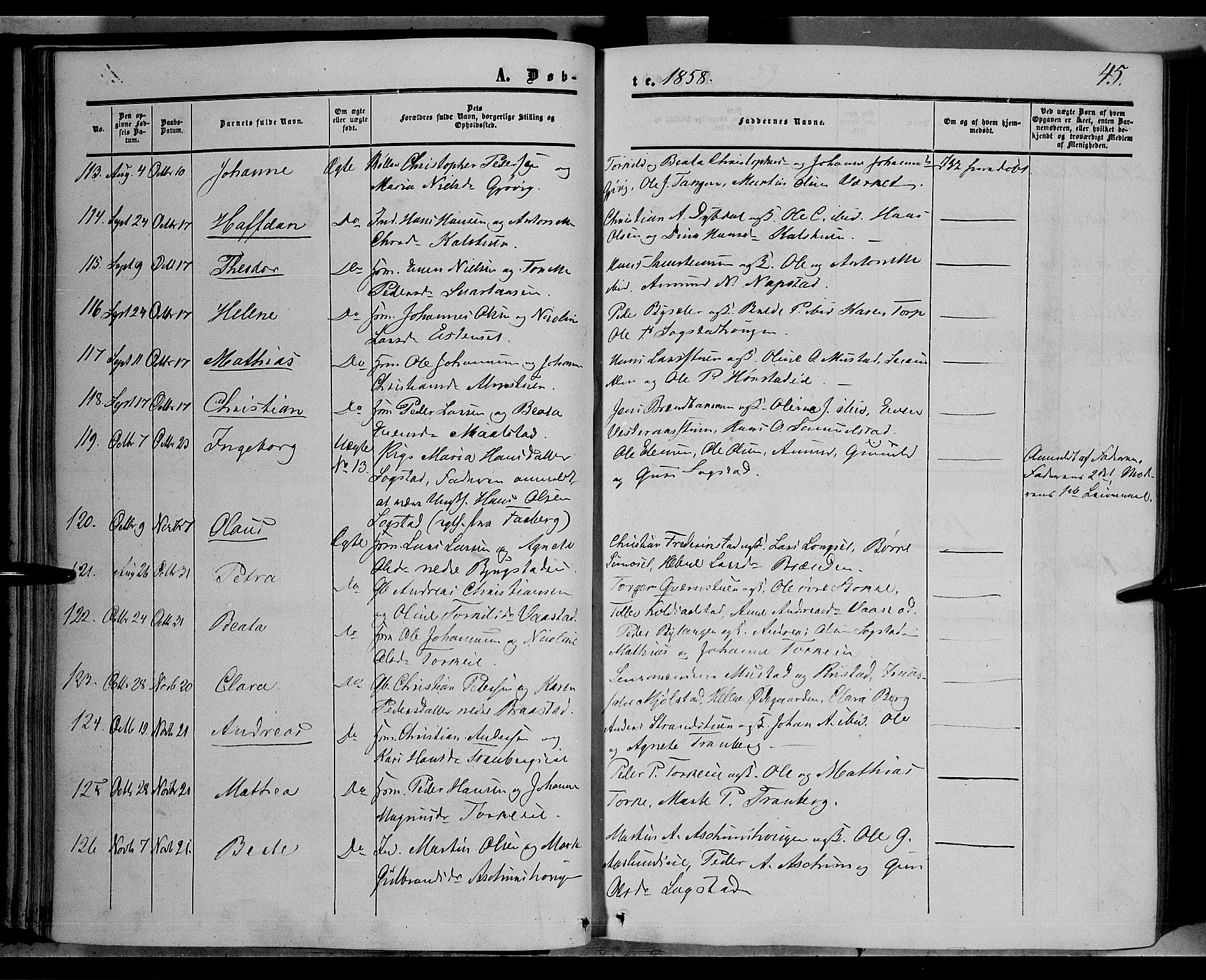Vardal prestekontor, SAH/PREST-100/H/Ha/Haa/L0006: Parish register (official) no. 6, 1854-1866, p. 45
