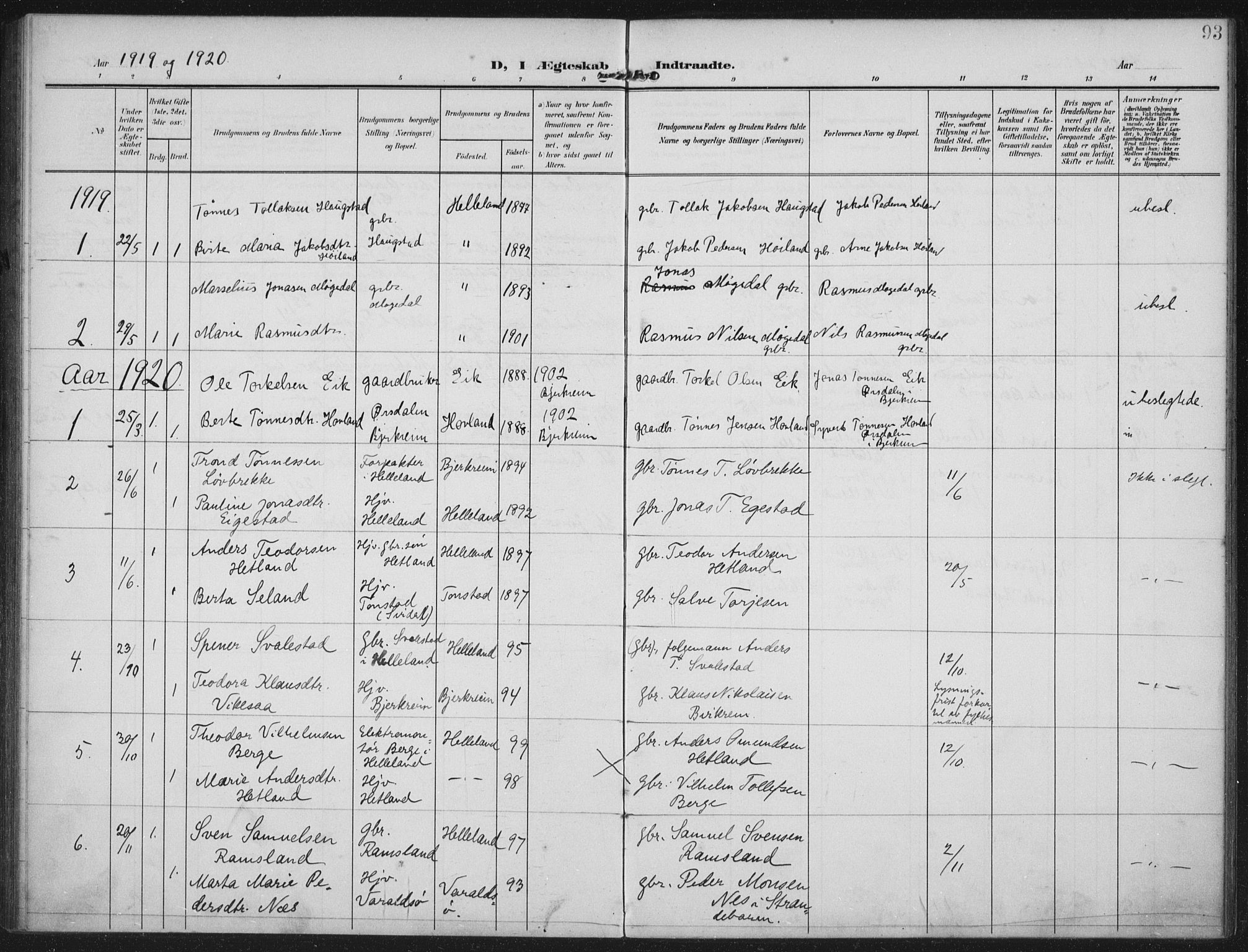 Helleland sokneprestkontor, SAST/A-101810: Parish register (official) no. A 12, 1906-1923, p. 93