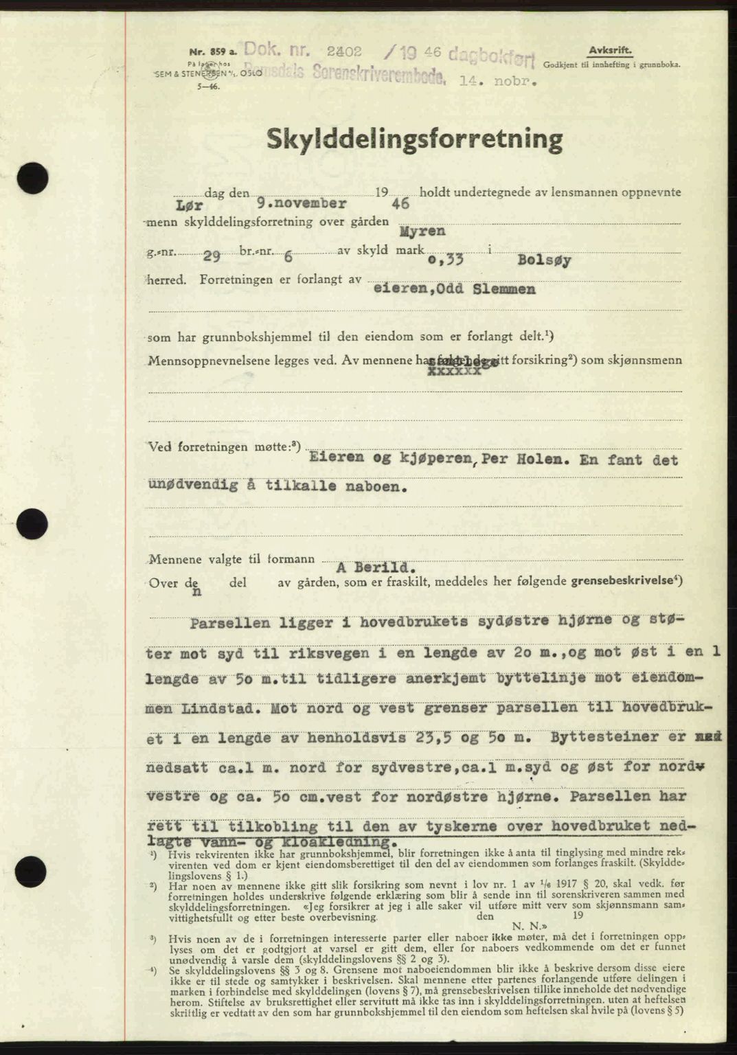 Romsdal sorenskriveri, AV/SAT-A-4149/1/2/2C: Mortgage book no. A21, 1946-1946, Diary no: : 2402/1946