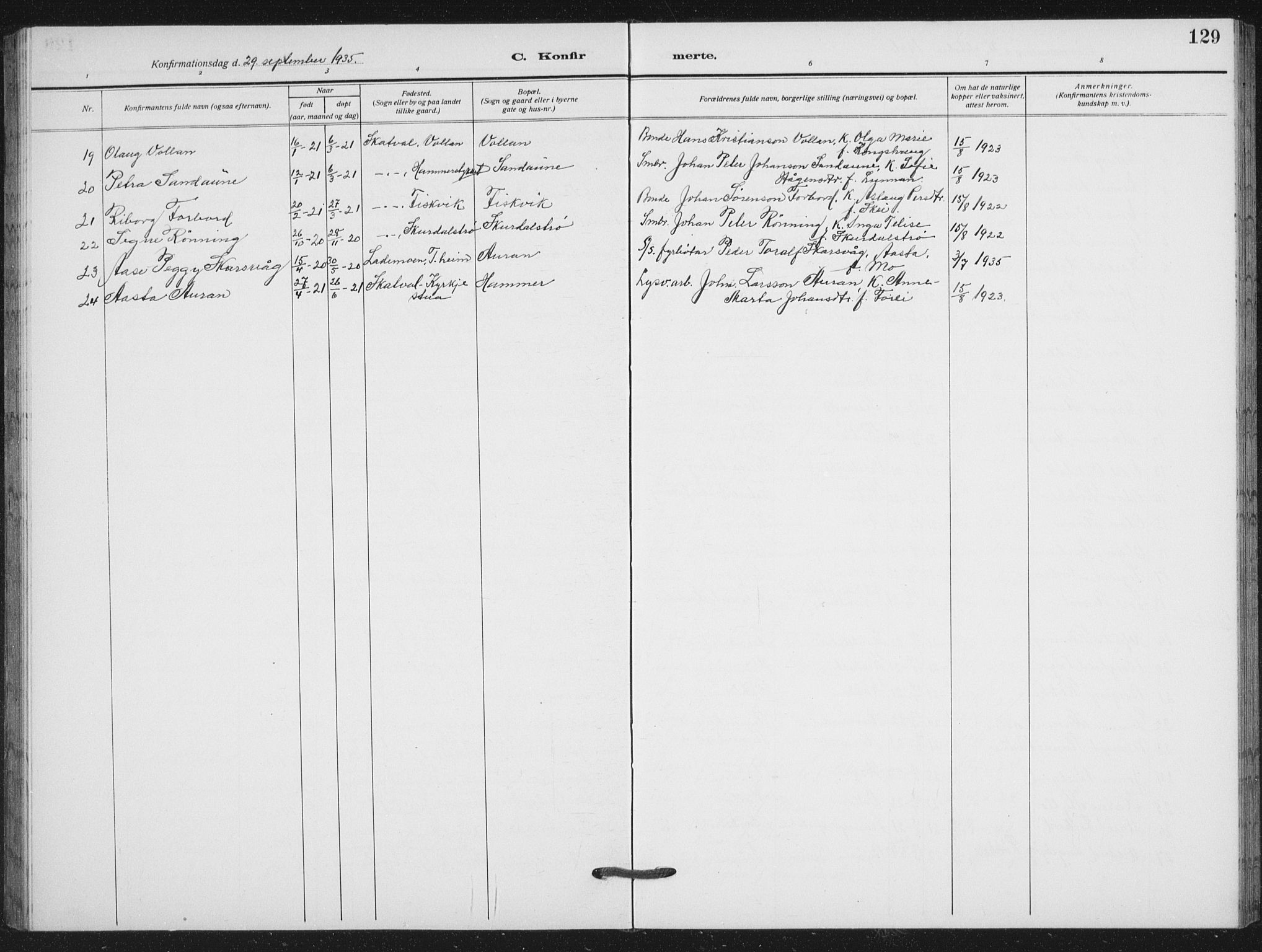 Ministerialprotokoller, klokkerbøker og fødselsregistre - Nord-Trøndelag, SAT/A-1458/712/L0104: Parish register (copy) no. 712C02, 1917-1939, p. 129