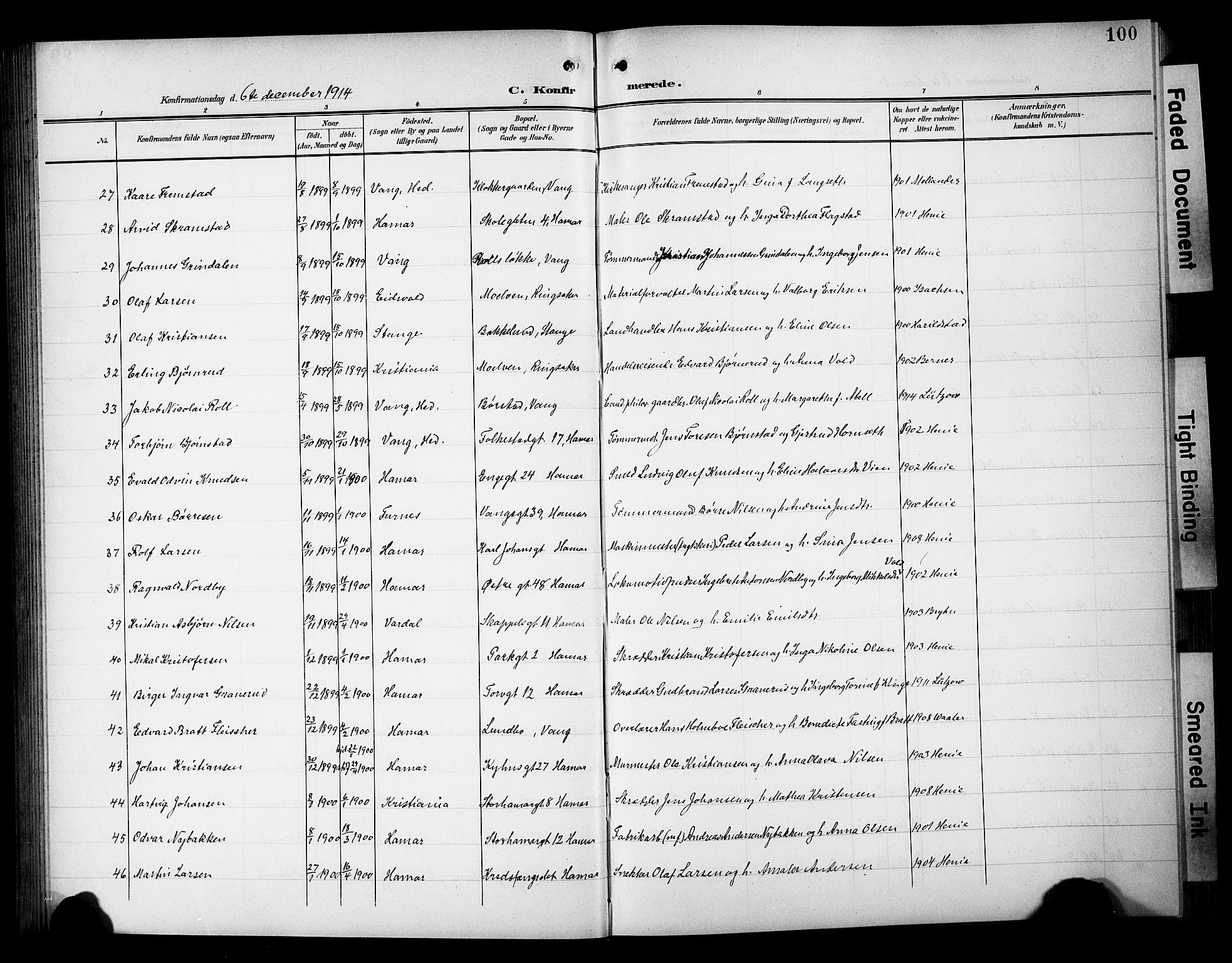 Hamar prestekontor, AV/SAH-DOMPH-002/H/Ha/Hab/L0002: Parish register (copy) no. 2, 1899-1929, p. 100